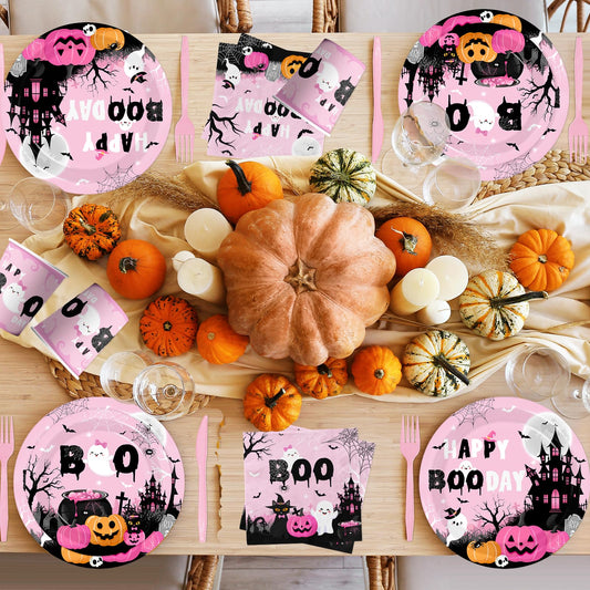 Happy Boo Day Halloween Party Supplies – 144 Pcs Pink Ghost & Pumpkin Plates, Cups, Napkins & Cutlery Set for 24 Guests
