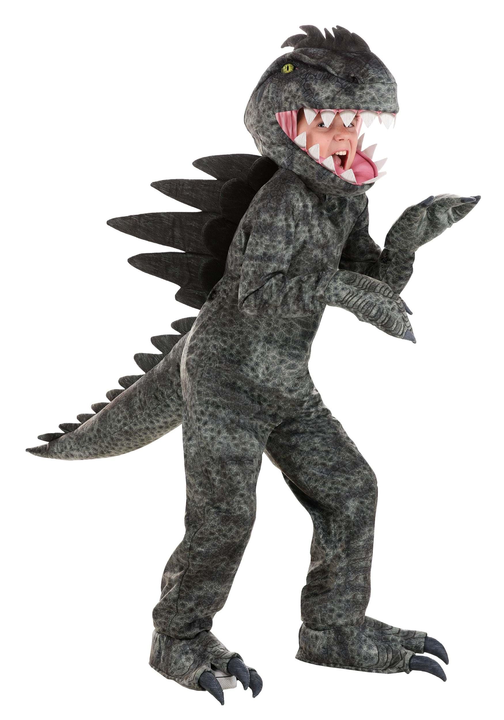 Giganotosaurus Dinosaur Costume for Kids – Full Jumpsuit with Tail, Headpiece, Gloves & Shoe Covers (Gray)