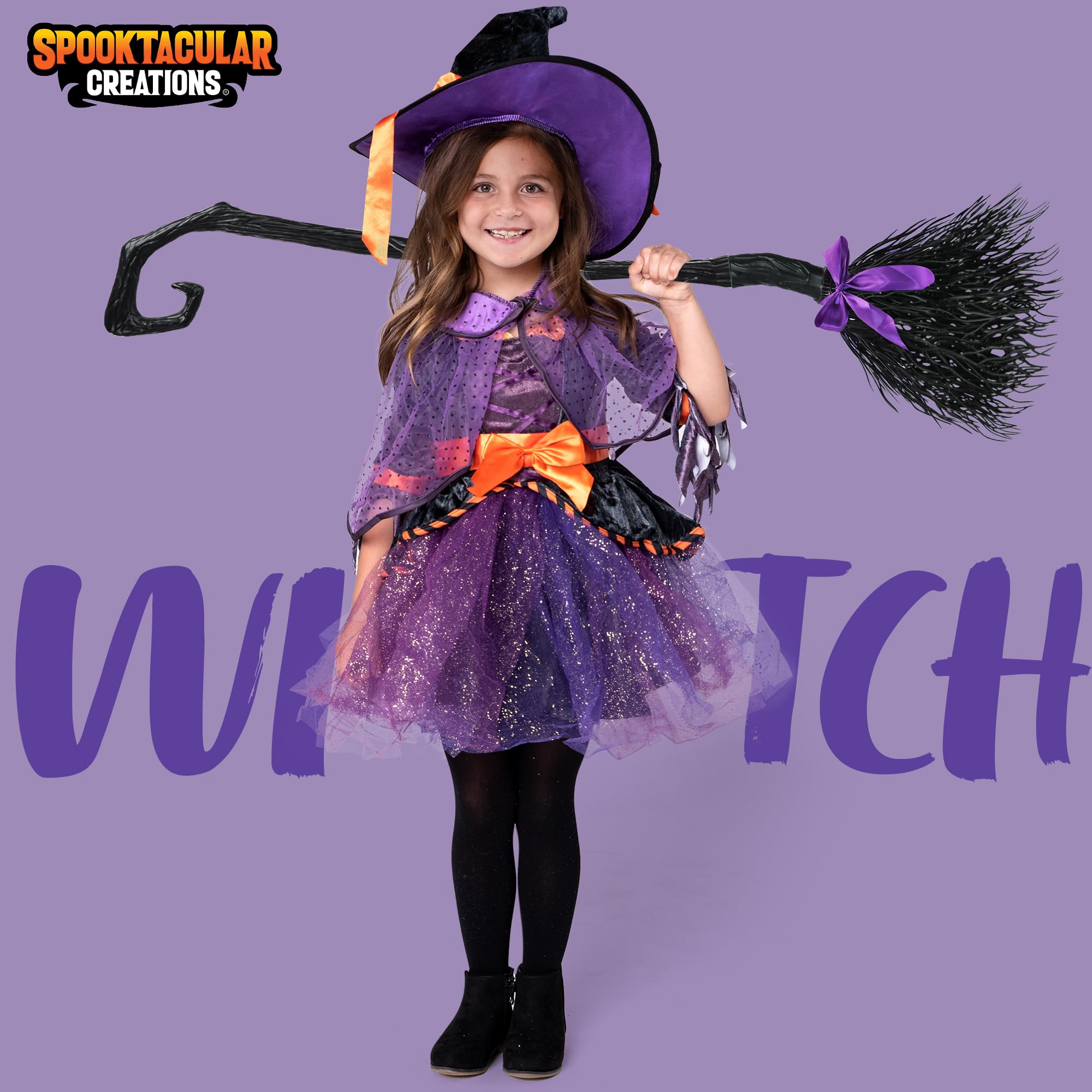 Purple Witch Costume for Girls – 5-Piece Halloween Dress-Up Set with Hat, Cape, Belt & Ribbon Broom