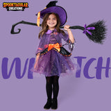 Purple Witch Costume for Girls – 5-Piece Halloween Dress-Up Set with Hat, Cape, Belt & Ribbon Broom