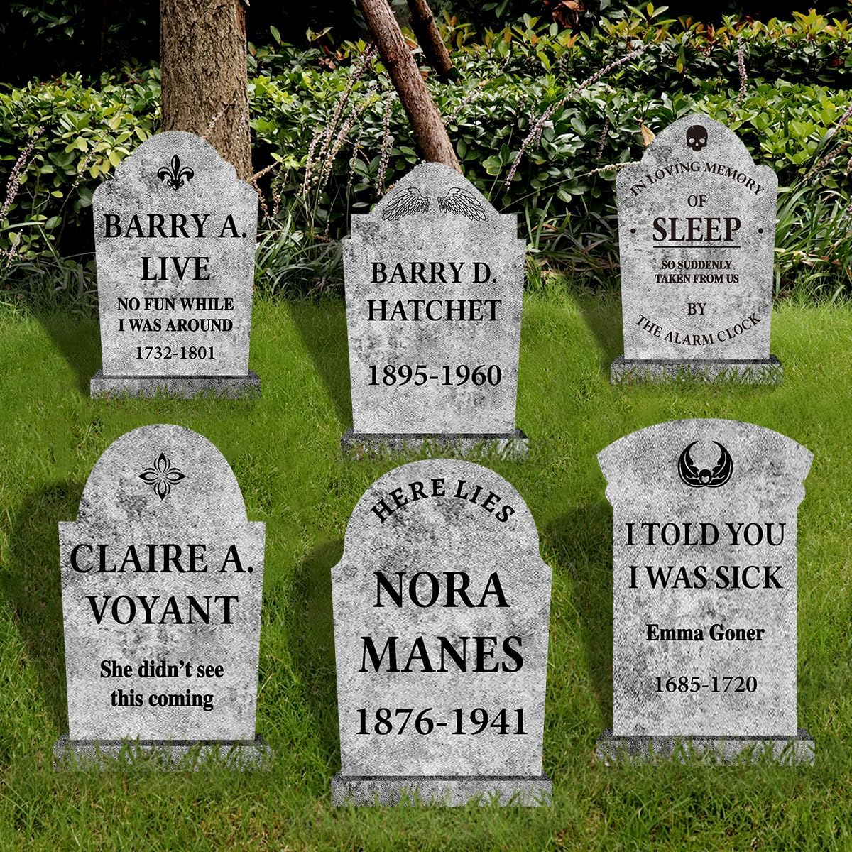 6PCS Stone Grey Halloween Tombstones Yard Signs – Realistic Graveyard Headstones with Stakes for Outdoor Cemetery Decorations