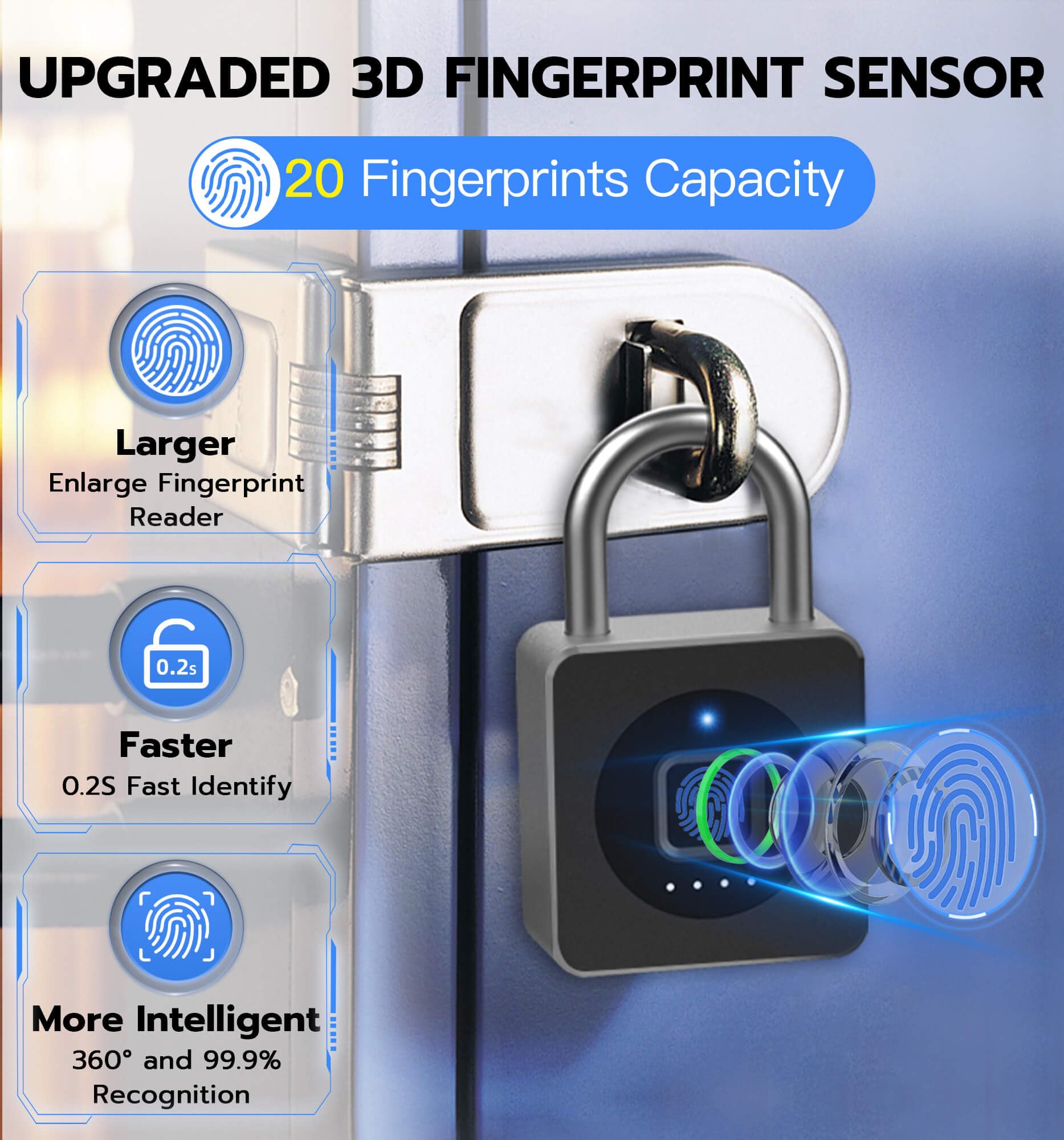 eLinkSmart P6 Biometric Fingerprint Smart Padlock with Bluetooth App Control, USB-C Rechargeable, Heavy-Duty Security Lock
