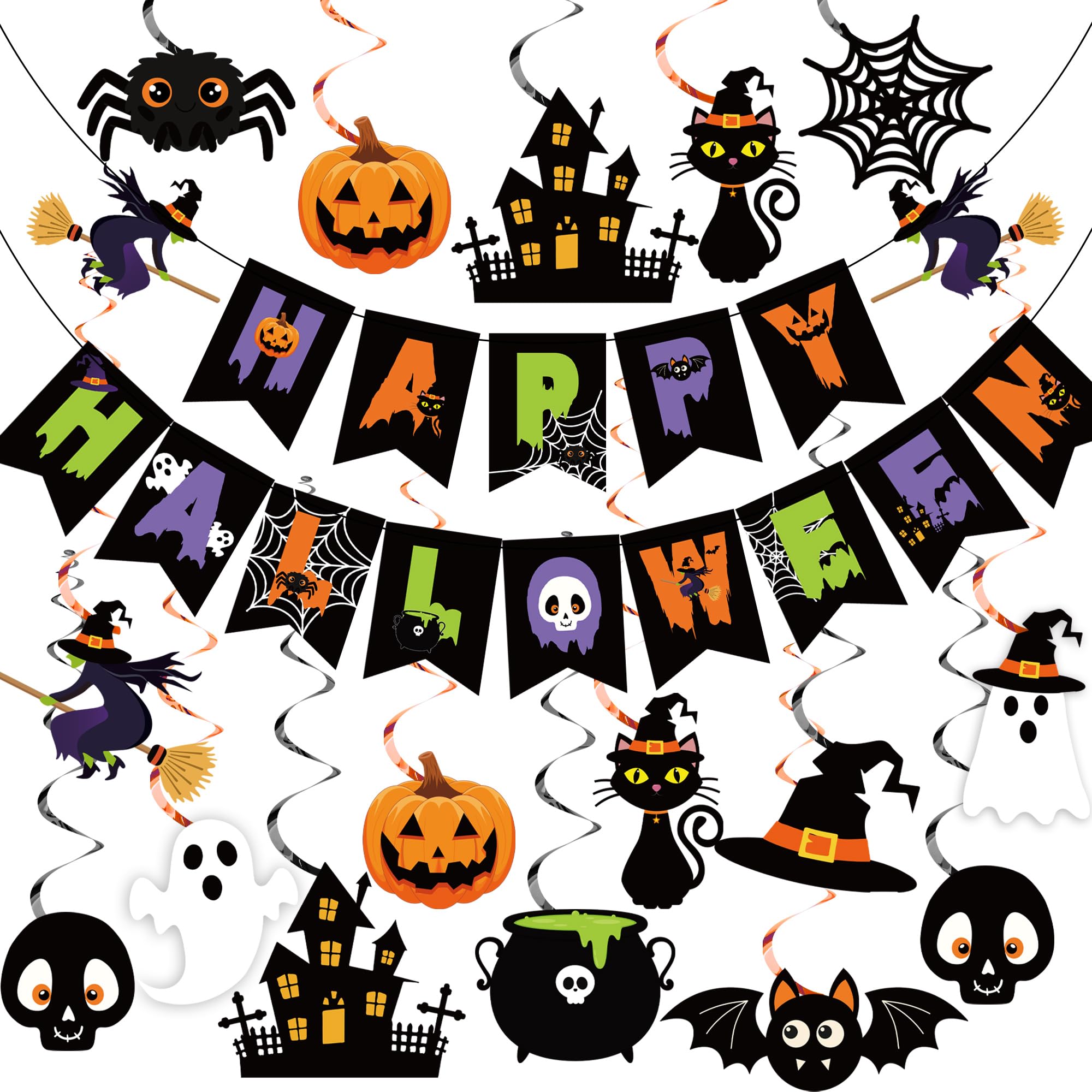 Happy Halloween Banner & Hanging Swirls Set – 32PCS Multicolor Party Decorations with Witches, Ghosts & Pumpkins