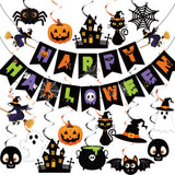 Happy Halloween Banner & Hanging Swirls Set – 32PCS Multicolor Party Decorations with Witches, Ghosts & Pumpkins