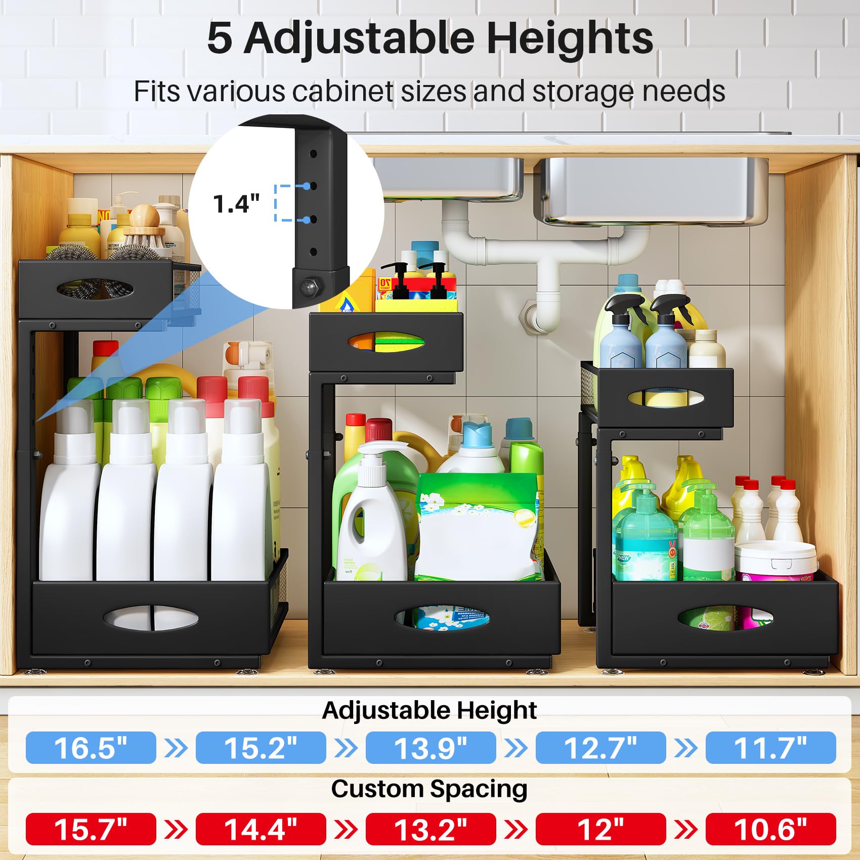 Extra-Large 2-Tier Under Sink Organizer (2-Pack) – Heavy-Duty Mesh Pull-Out Drawers for Framed & Frameless Cabinets, Black