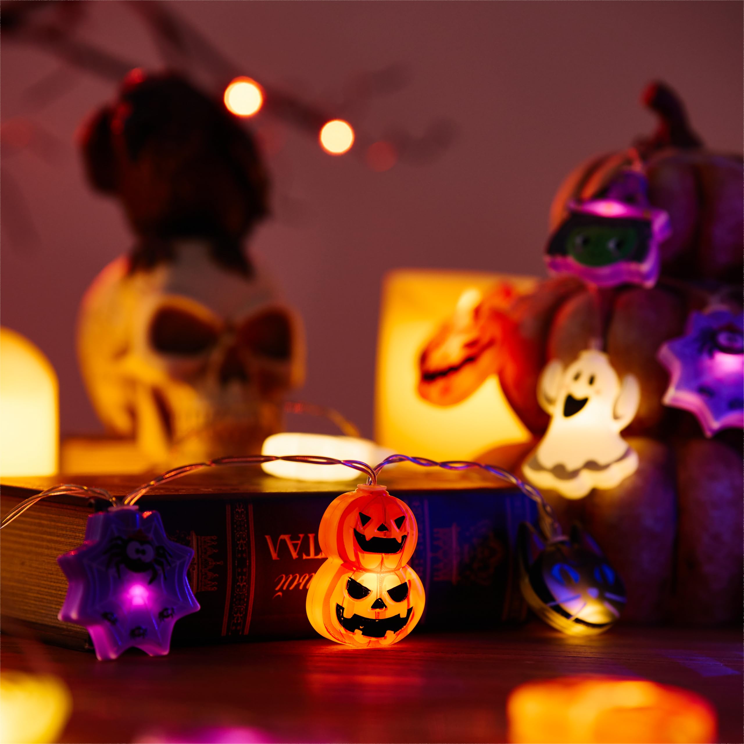 Halloween LED String Lights – 20 Battery-Operated Pumpkin, Ghost & Witch Lights with Timer & 8 Modes (9.8Ft)