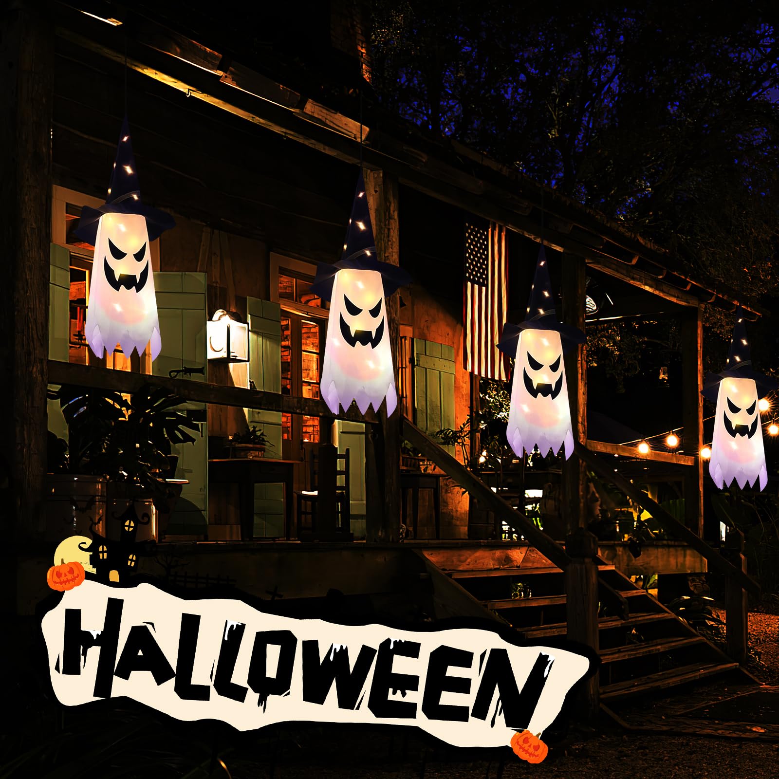 Halloween Hanging Ghost Witch Hat Lights – 4 Pack Warm White LED Decorations with 3 Flash Modes for Indoor & Outdoor Use