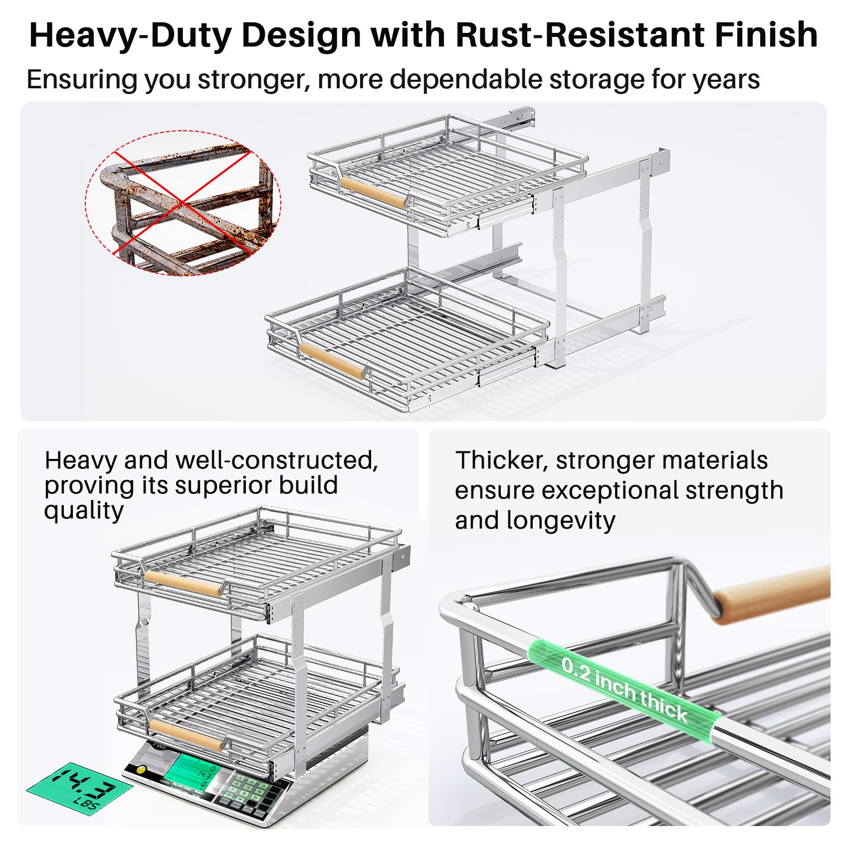 2-Tier Pull-Out Cabinet Organizer – Full-Extension Chrome Slide-Out Shelves with Wooden Handle