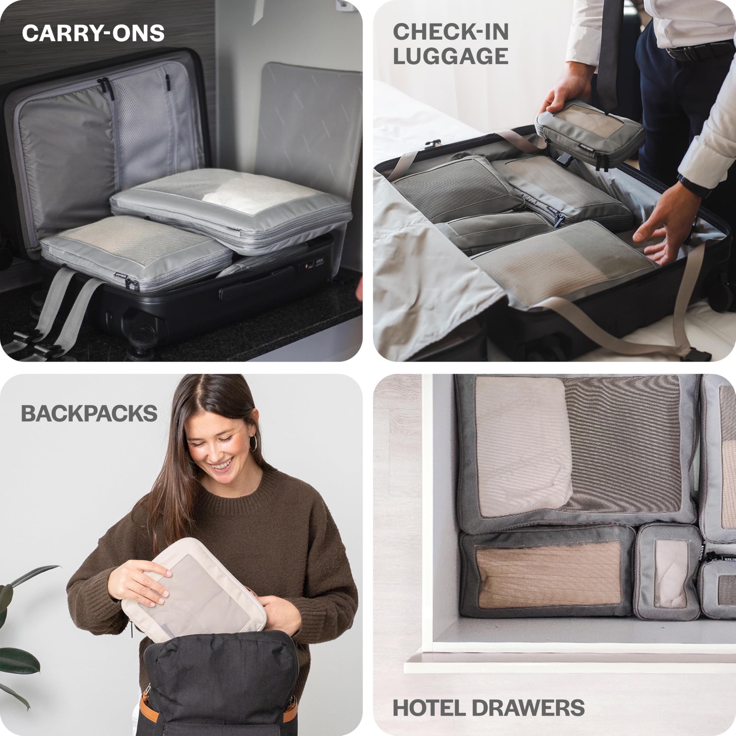 Compression Packing Cubes Set – Travel Luggage Organizer Bags (Beige)