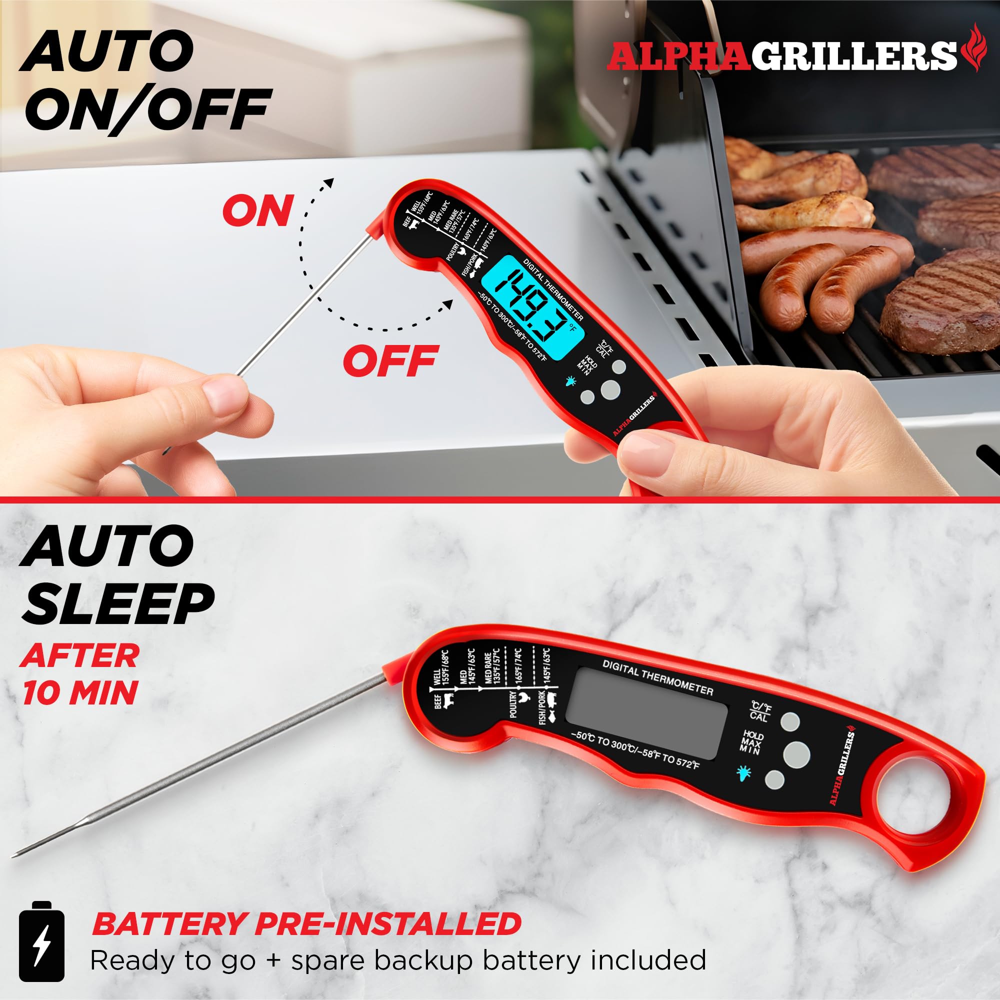 Instant Read Digital Food Thermometer – Waterproof Meat Thermometer with Backlit Display