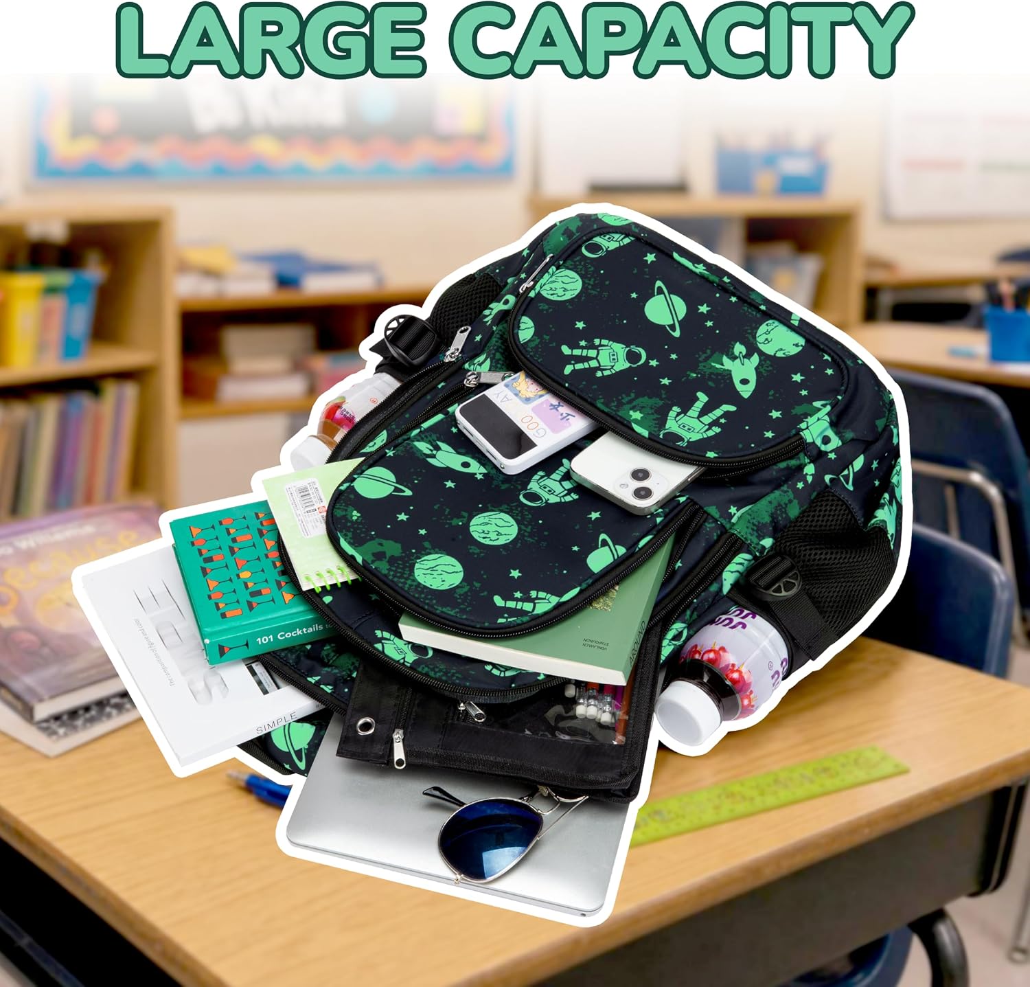 Black Green 17-Inch School Backpack with Laptop Sleeve