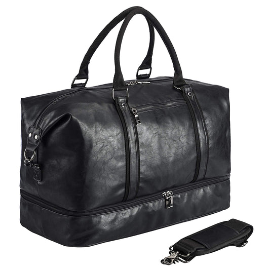Leather Travel Duffel Bag with Shoe Compartment – Large Waterproof PU Weekender Carry-On Bag (Black)