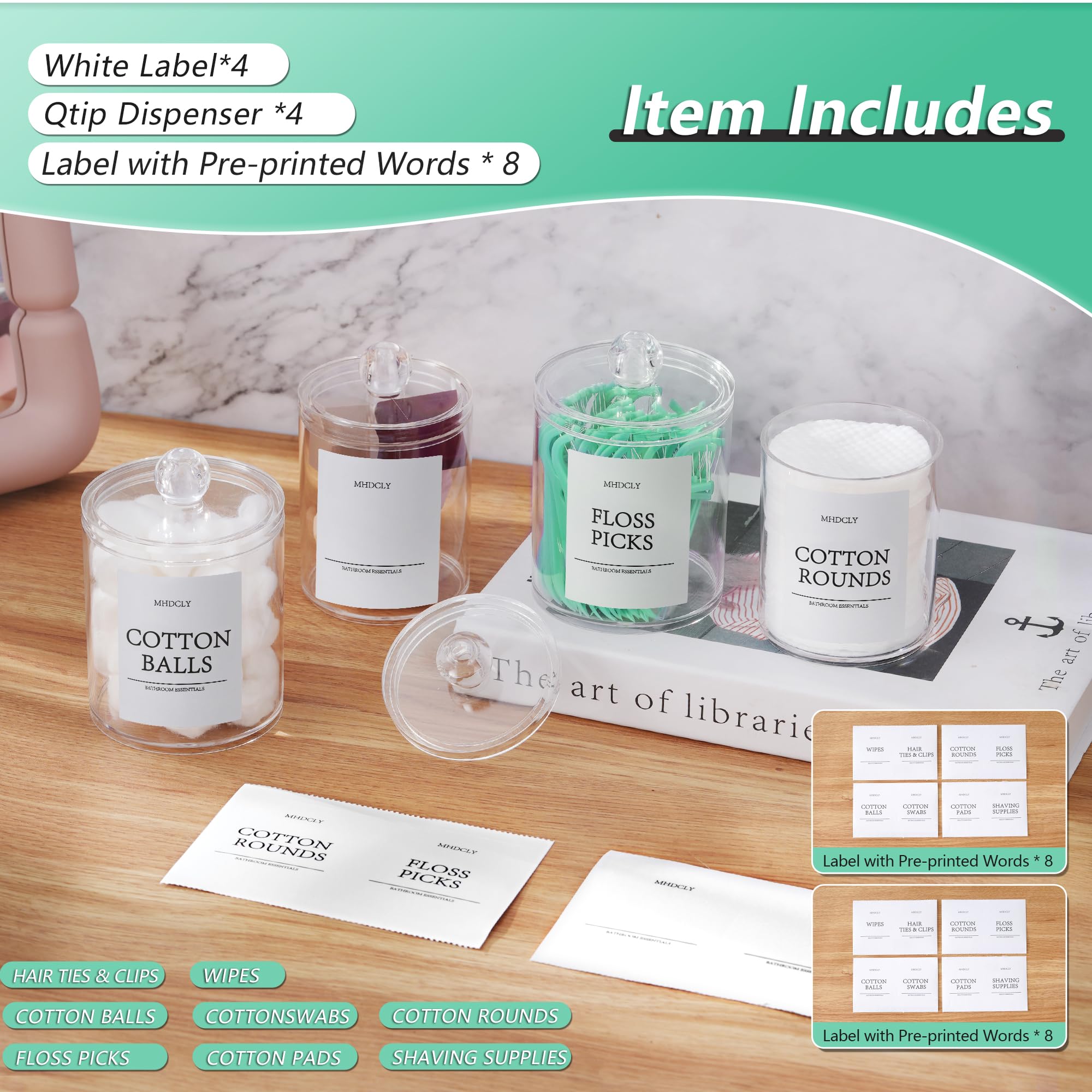 Clear Bathroom Organizer Canisters with Plastic Lids (4-Pack) – Qtip, Cotton & Vanity Storage Set with Labels