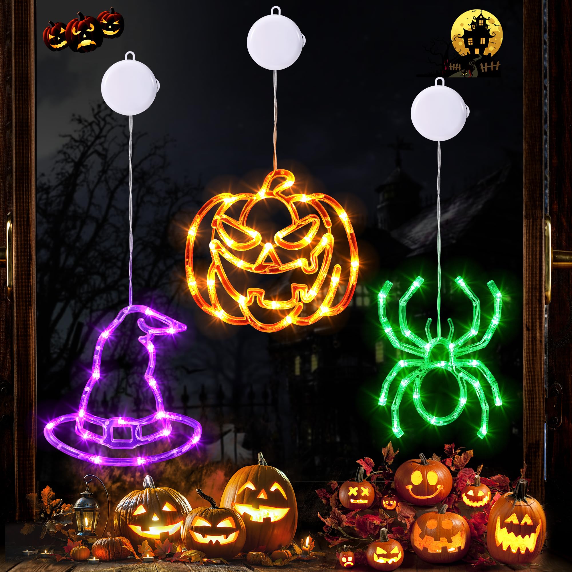Halloween Window Lights Set – Pumpkins, Witch Hats & Spider LED Decor with Timer & Dual Lighting Modes (Battery Operated)