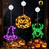 Halloween Window Lights Set – Pumpkins, Witch Hats & Spider LED Decor with Timer & Dual Lighting Modes (Battery Operated)