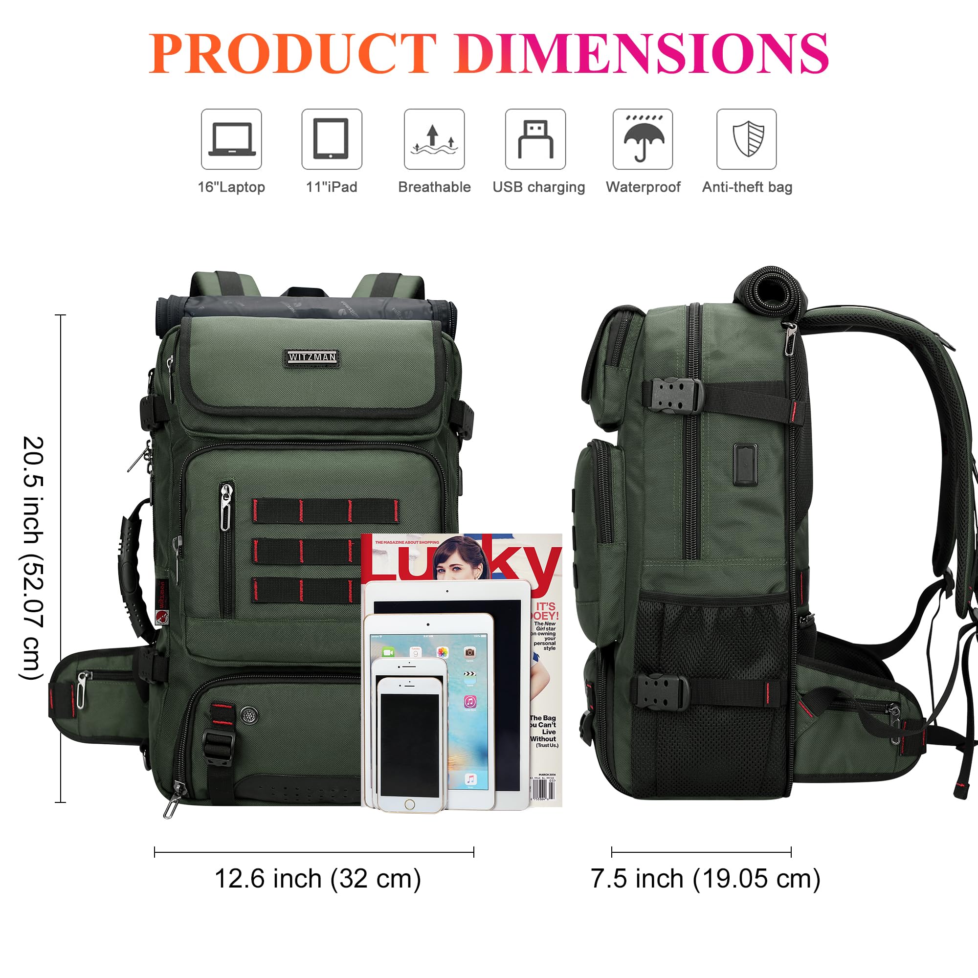 Witzman Airline-Approved Carry-On Travel Backpack Convertible Duffle Bag – Army Green