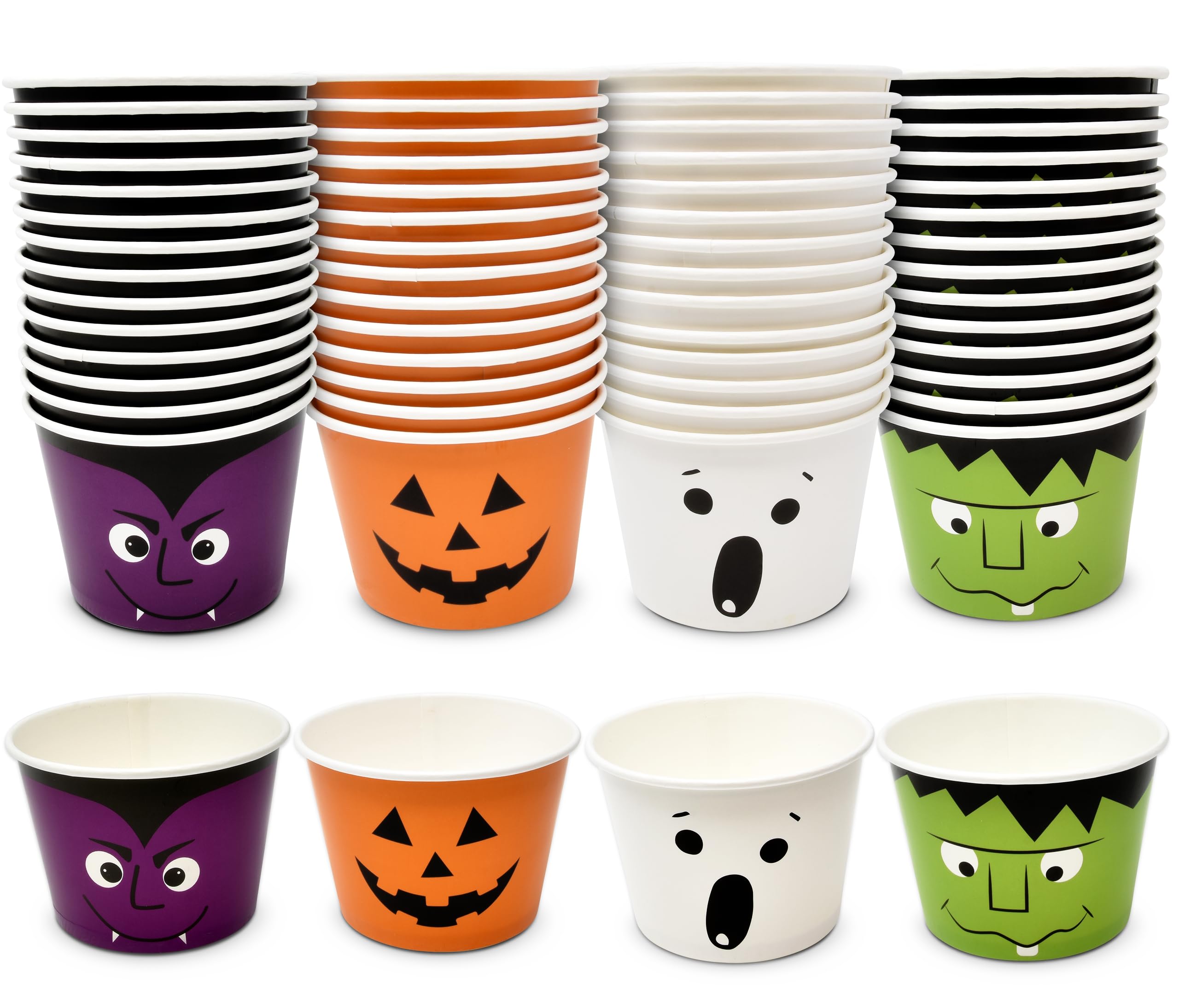 Halloween Snack Cups – 60 Pack Dessert Treat Cups with Pumpkin, Ghost, Frankenstein & Vampire Designs (10oz, Multicolor)