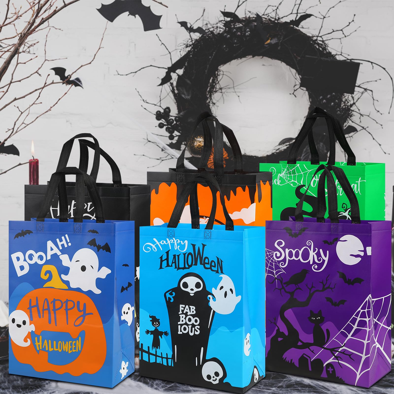 CCINEE 12PCS Halloween Non-Woven Bags with Handle, Large Size Reusable Trick or Treat Tote Bags, 15.7"11.8"5.9"