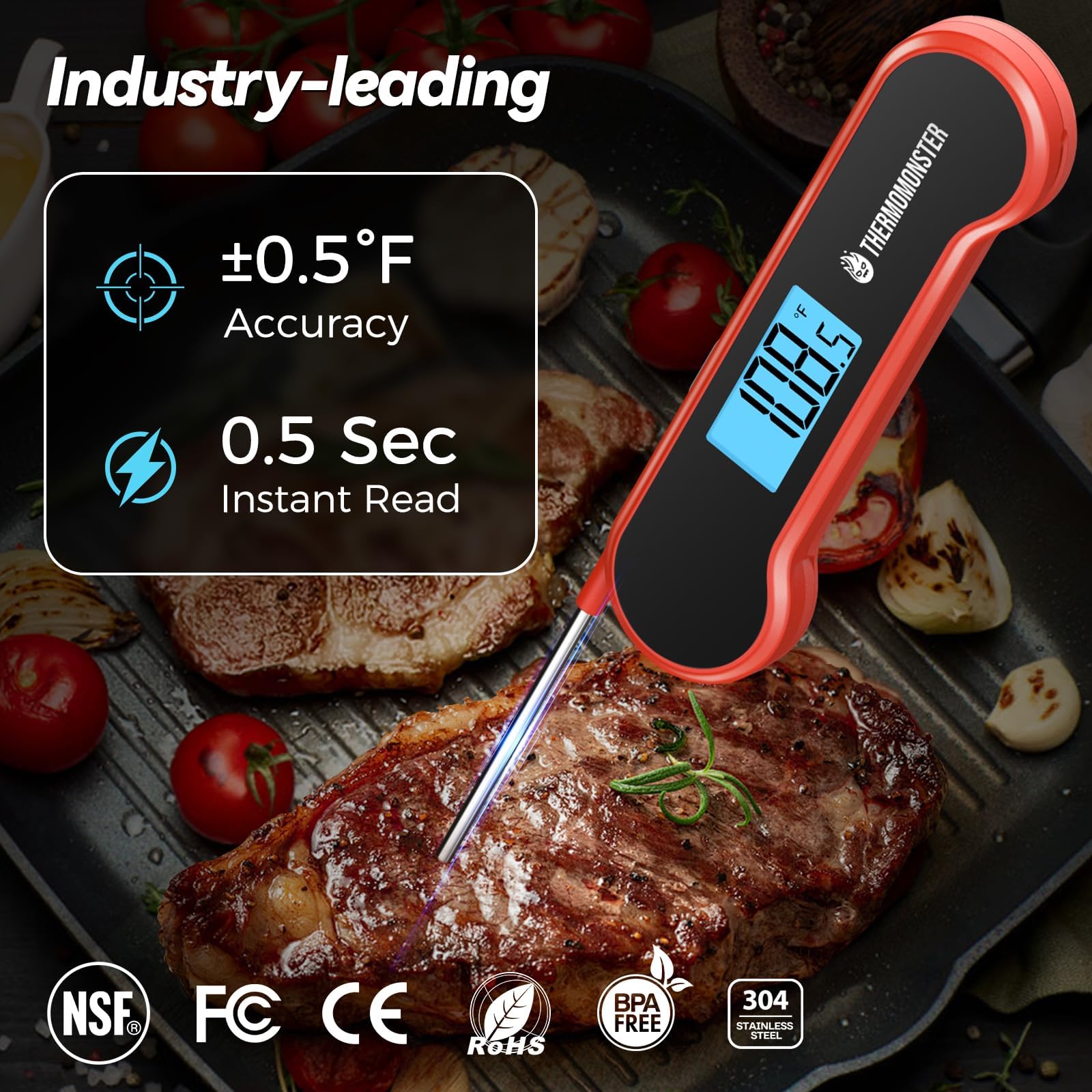Ultra-Fast Instant Read Meat Thermometer – Waterproof Digital Food Thermometer with Auto-Flip Display