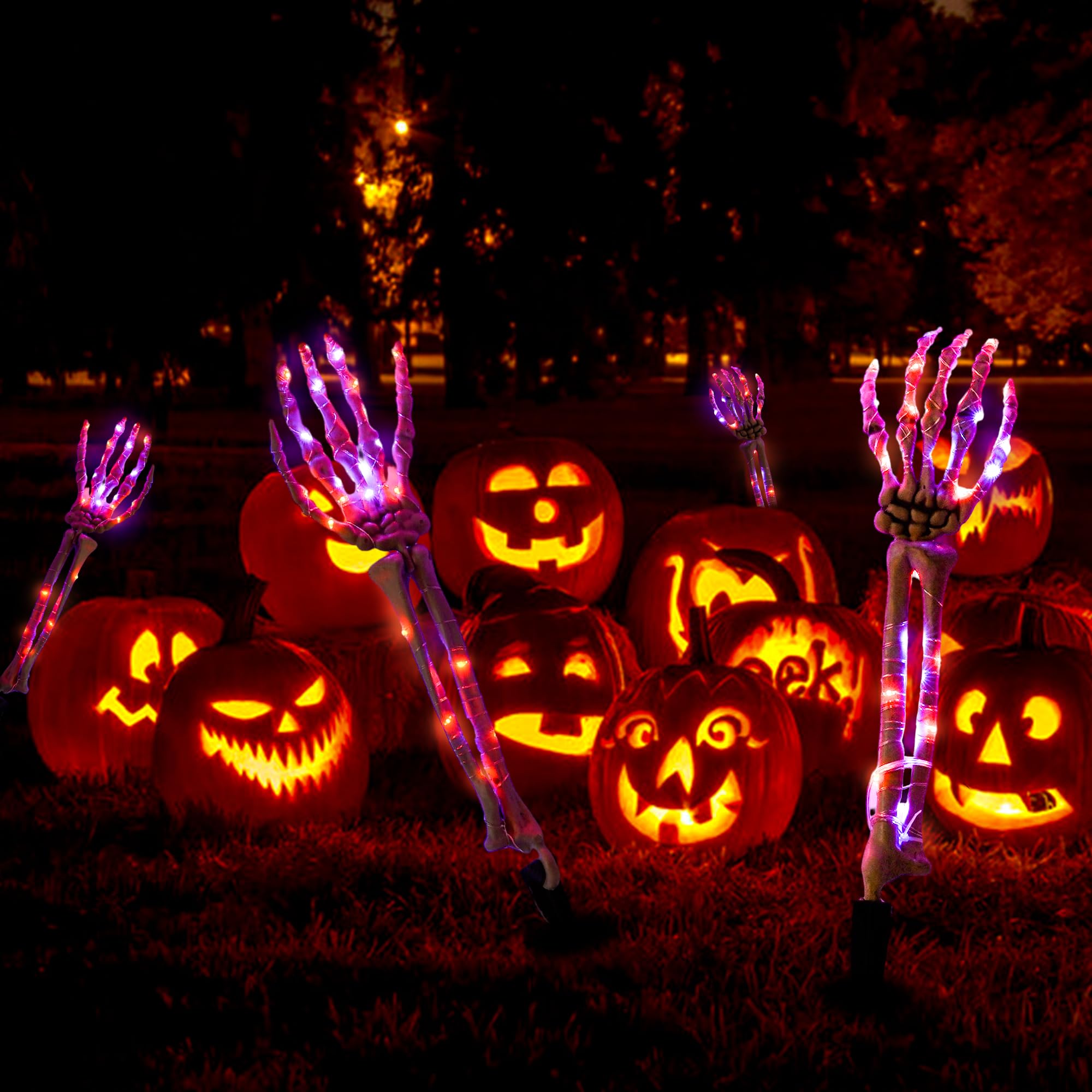 Purple & Orange Skeleton Arm Lights – Battery Powered Halloween Stakes with 8 Lighting Modes for Yard & Garden Décor