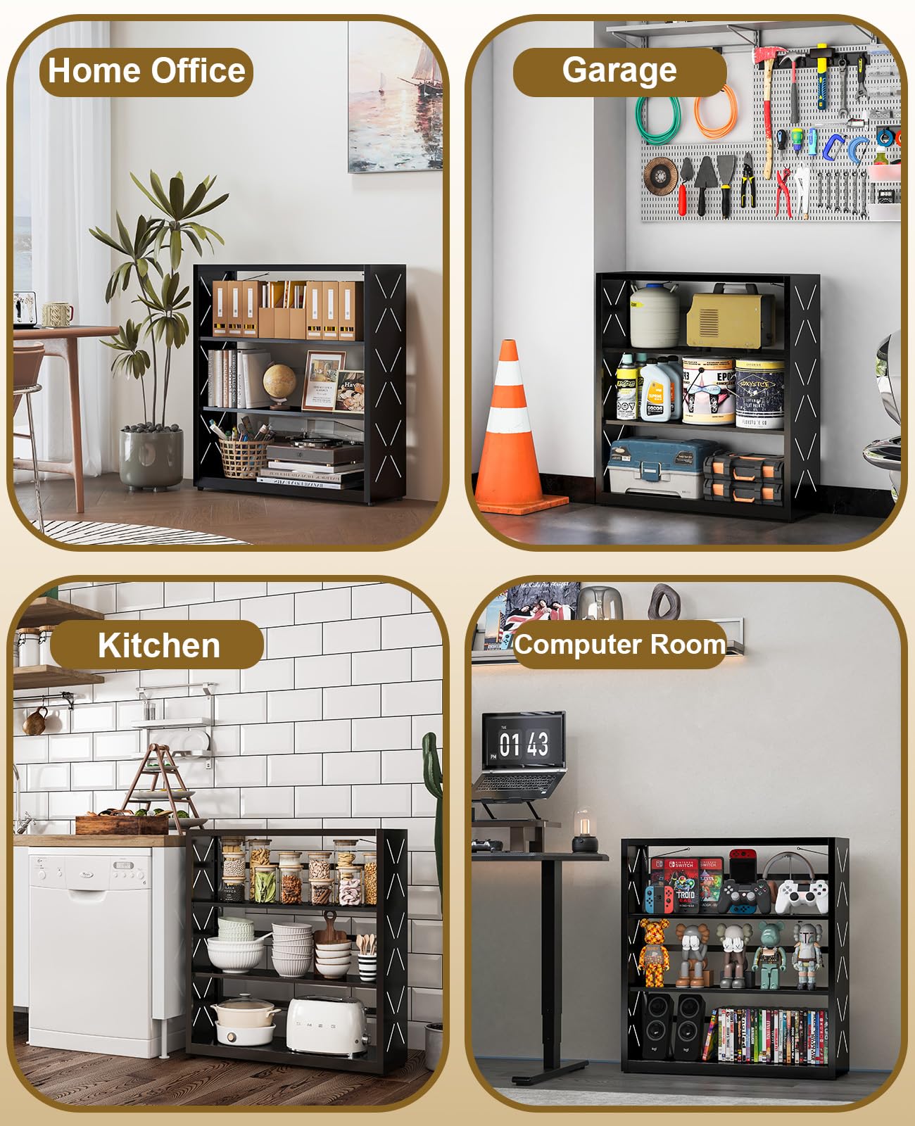METALOONG 3-Tier Adjustable Metal Bookshelf – Heavy-Duty Storage Rack with Anti-Tip Safety Kit (Black)