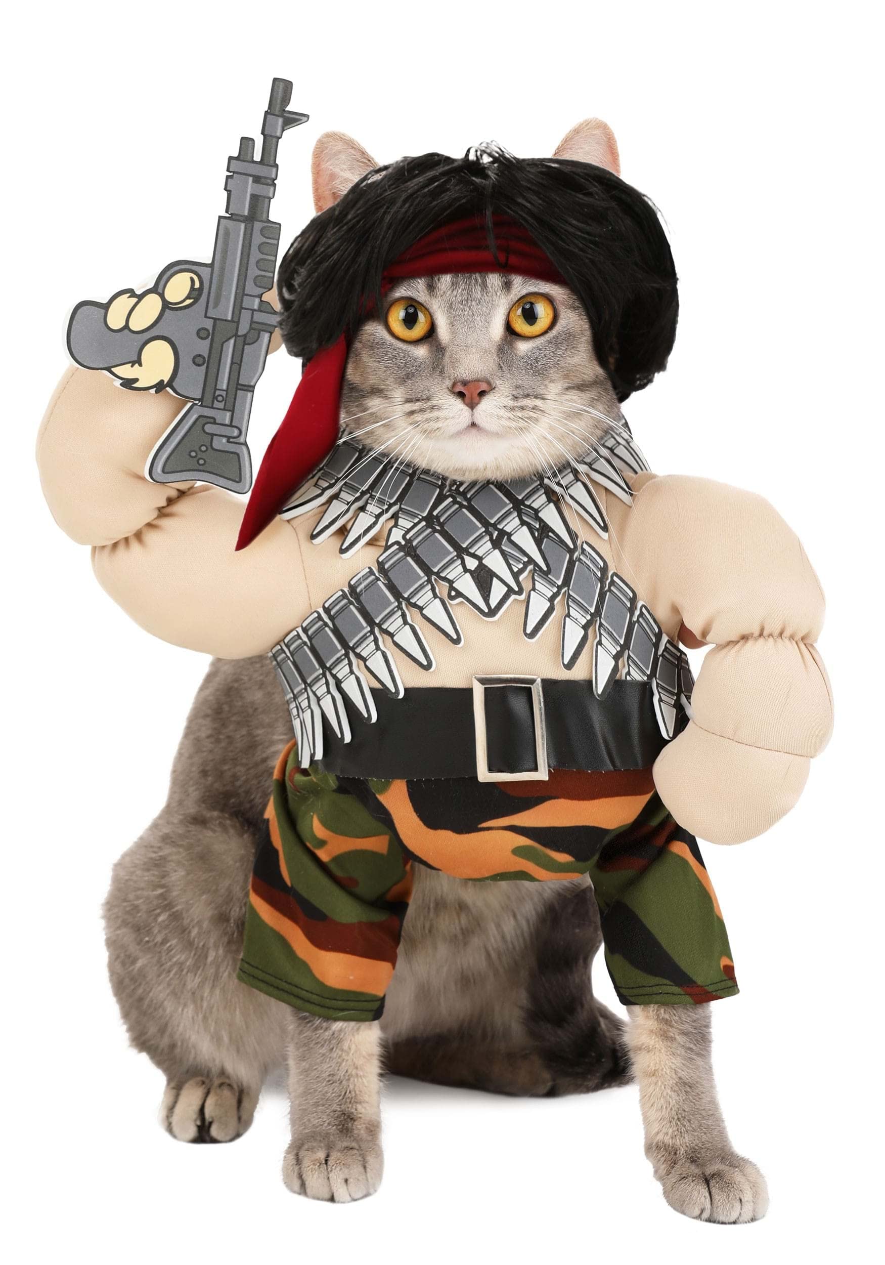 Action Hero Dog Costume – Multi-Colored Padded Jumpsuit with Wig, Gun & Headband for Pets