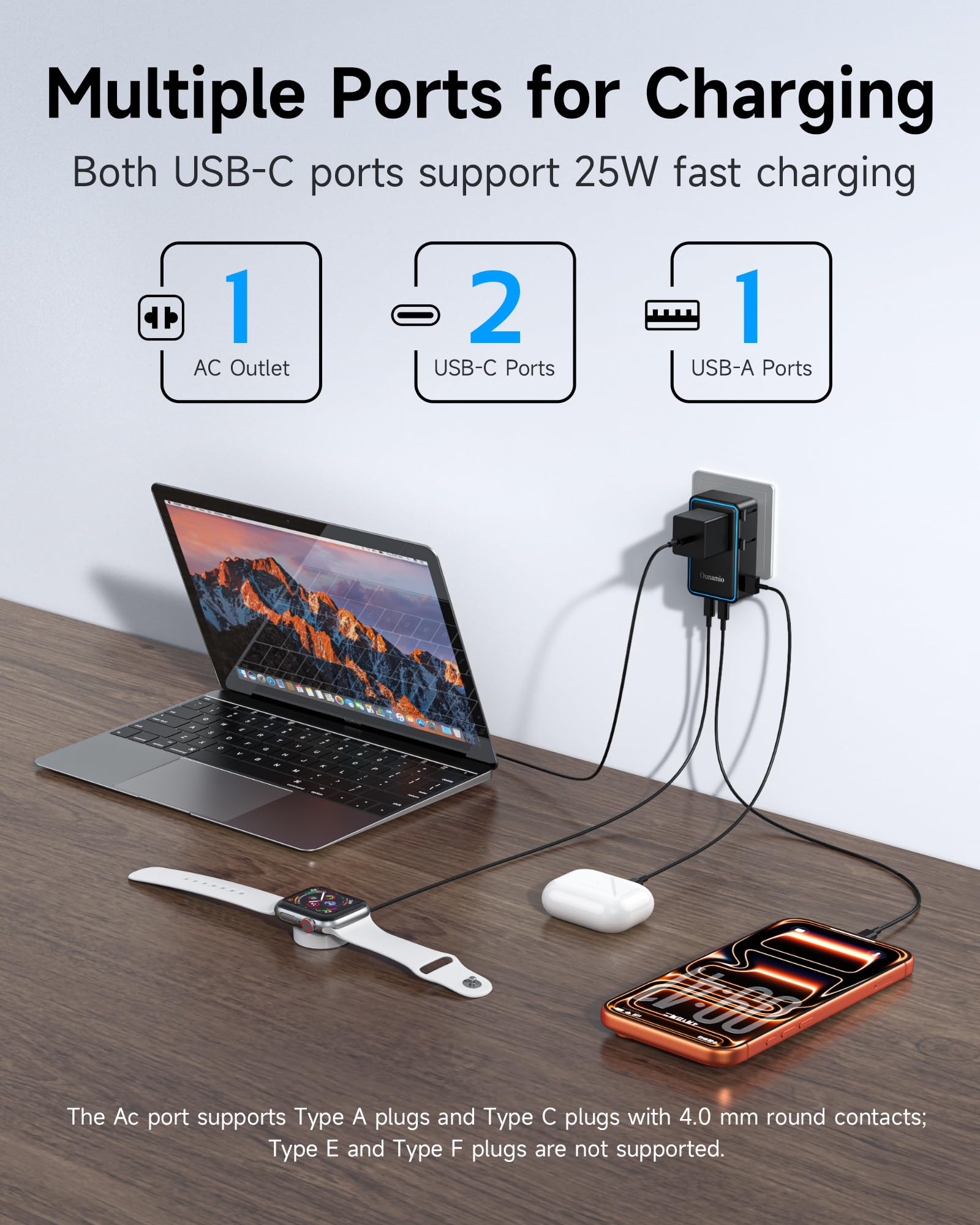 Ultra-Thin Universal Travel Adapter PD 25W – 4-Port Worldwide Power Adapter with USB-C & USB-A (Black)