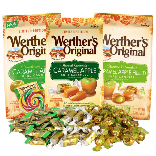 Caramel Apple Candy Assortment – Pack of 2 Bags (8.57oz & 9.4oz) – Individually Wrapped Hard Caramel & Apple Candies for Fall & Halloween