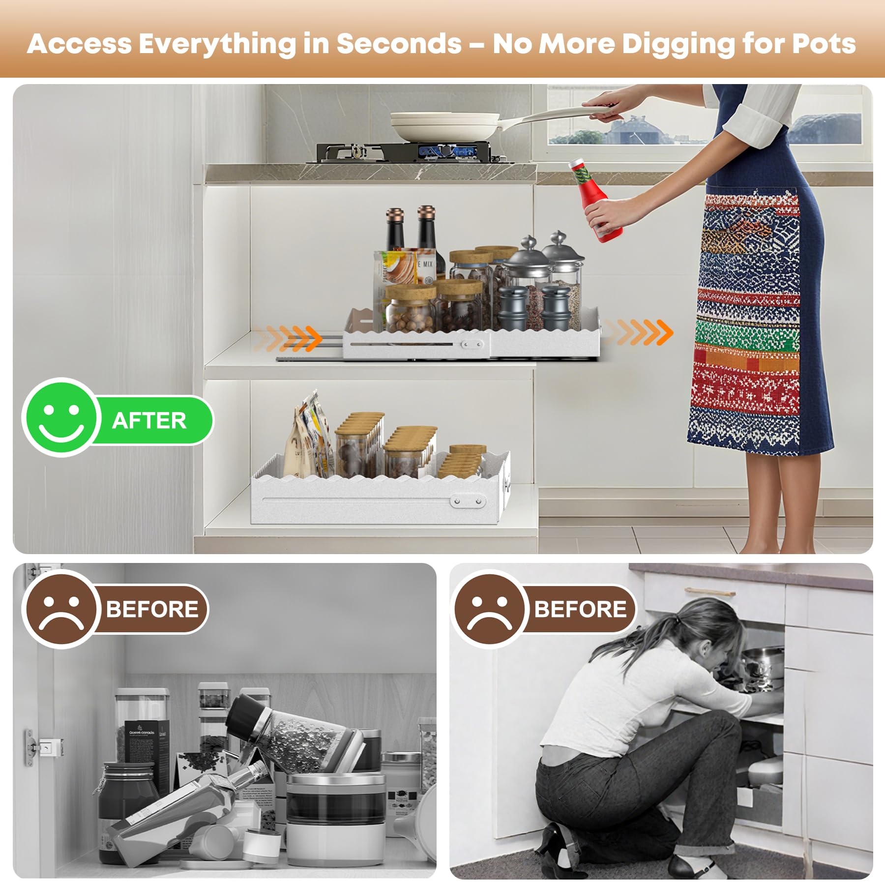 Expandable Pull-Out Cabinet Organizer – No-Drill Slide-Out Drawer with Adjustable Width & Depth for Kitchen & Pantry (White)