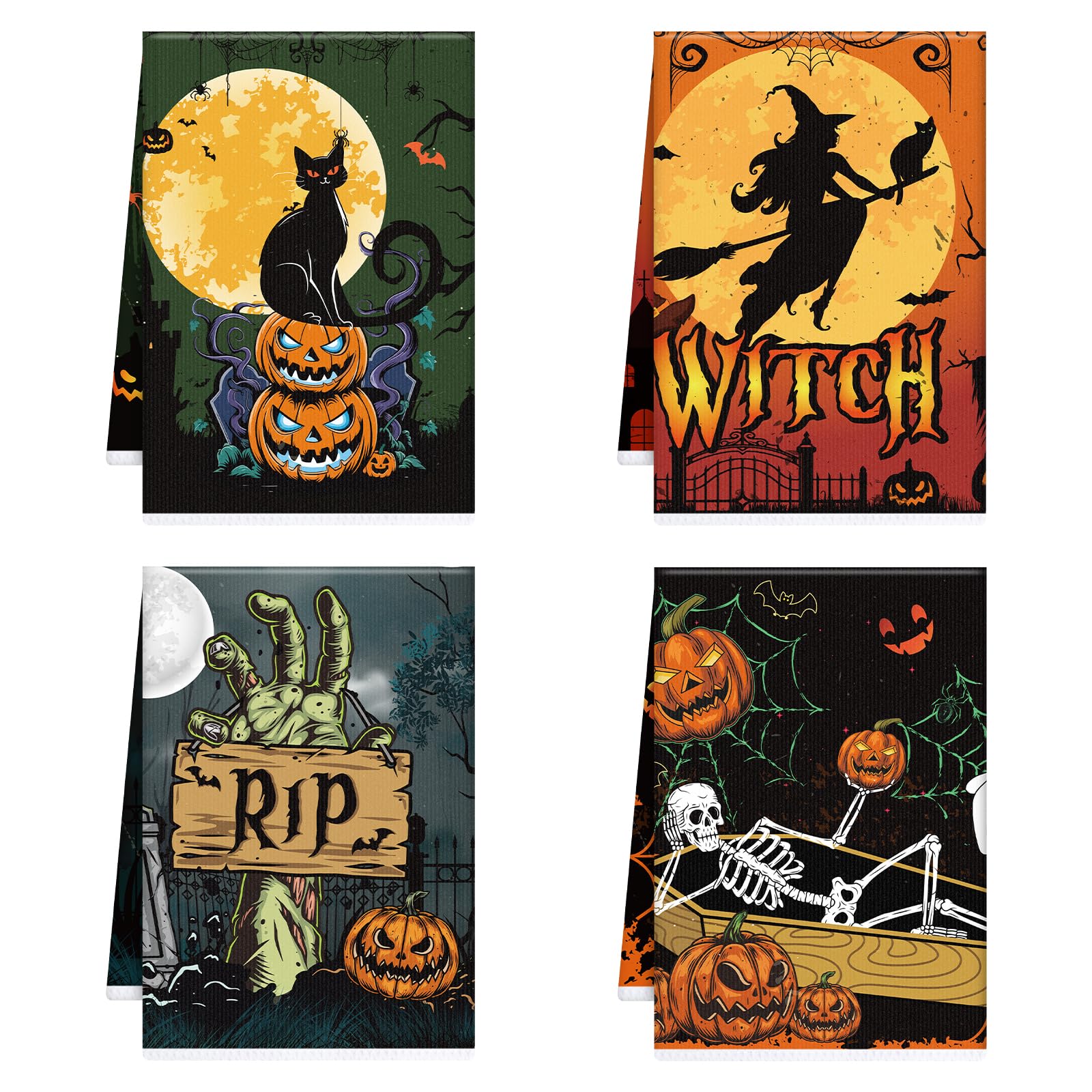 Halloween Kitchen Towels Set of 4 – Spooky Multicolor Microfiber Dish & Hand Towels with Pumpkins and Black Cats