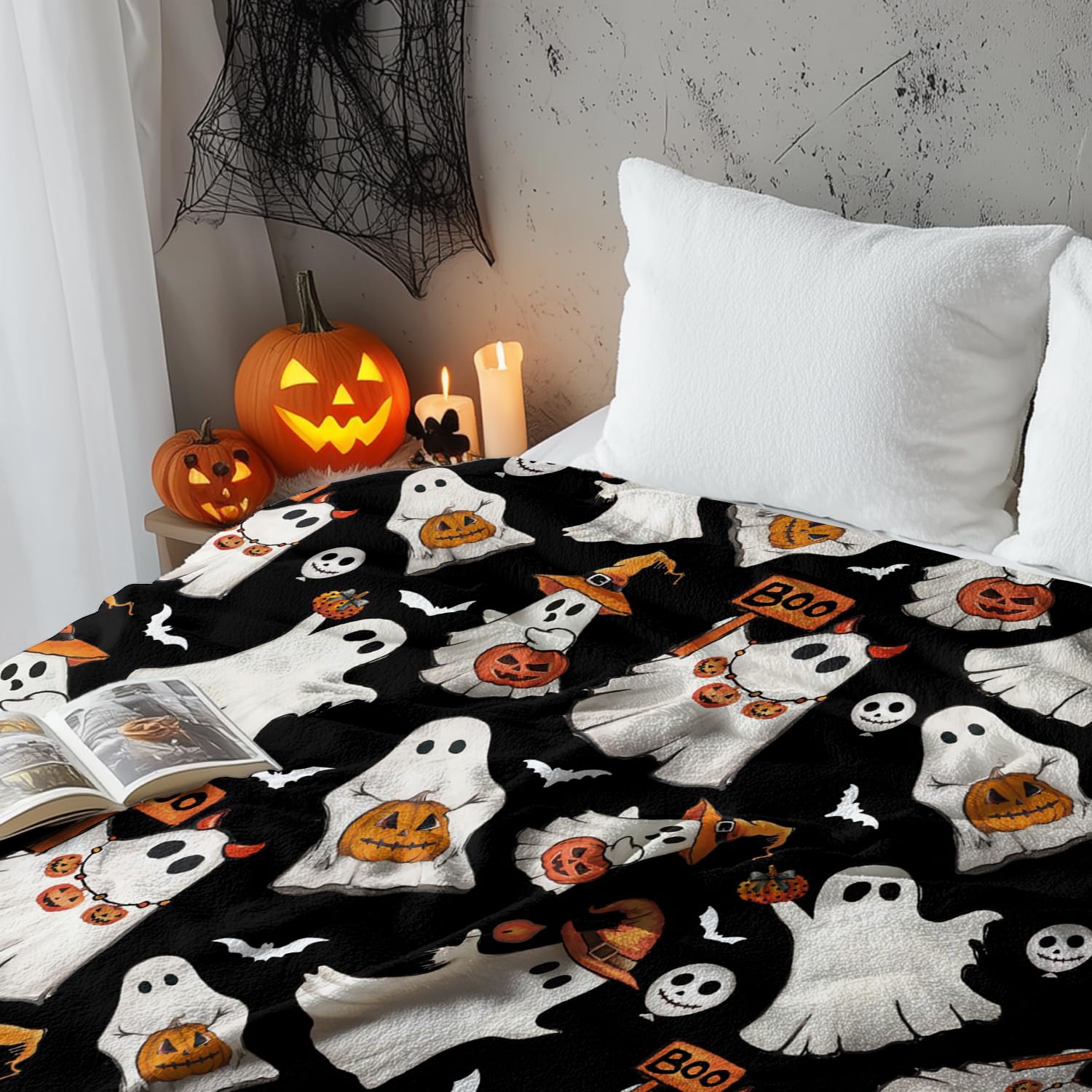 Halloween Flannel Blanket Orange & Black – Soft Warm Cozy Fleece Throw for Couch, Bed & Travel