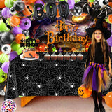 Halloween Birthday Decorations Party Supplies Halloween Themed Party Favors 105 Pcs Including Spider Web, Backdrop, Tablecloth, Cake Toppers, Spider Bat Wall Stickers, Balloons Arch and kit