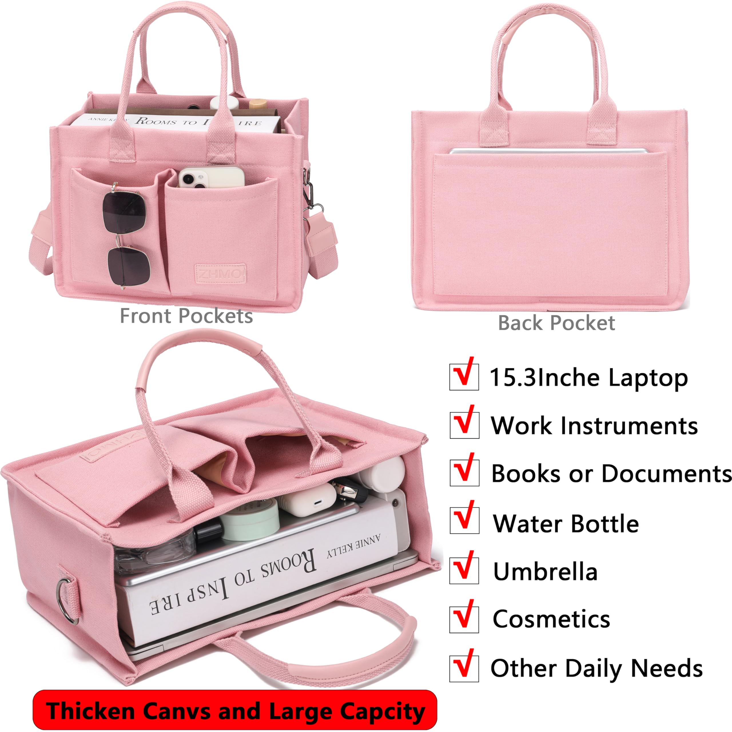 ZHMO Canvas Tote Bag for Women – Large Work & Travel Tote with Compartments, Laptop Shoulder & Crossbody Bag (Pink)