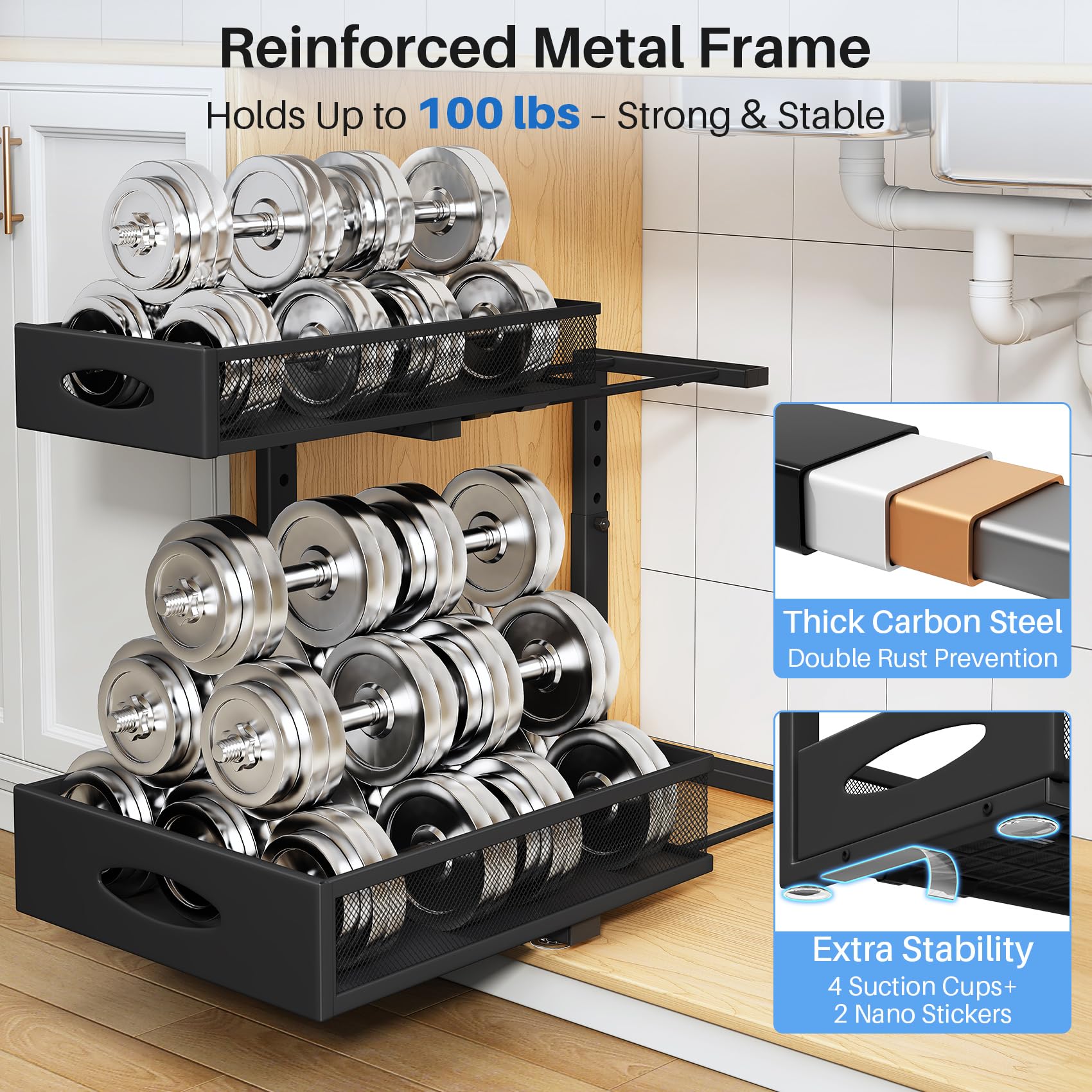Extra-Large 2-Tier Under Sink Organizer (2-Pack) – Heavy-Duty Mesh Pull-Out Drawers for Framed & Frameless Cabinets, Black
