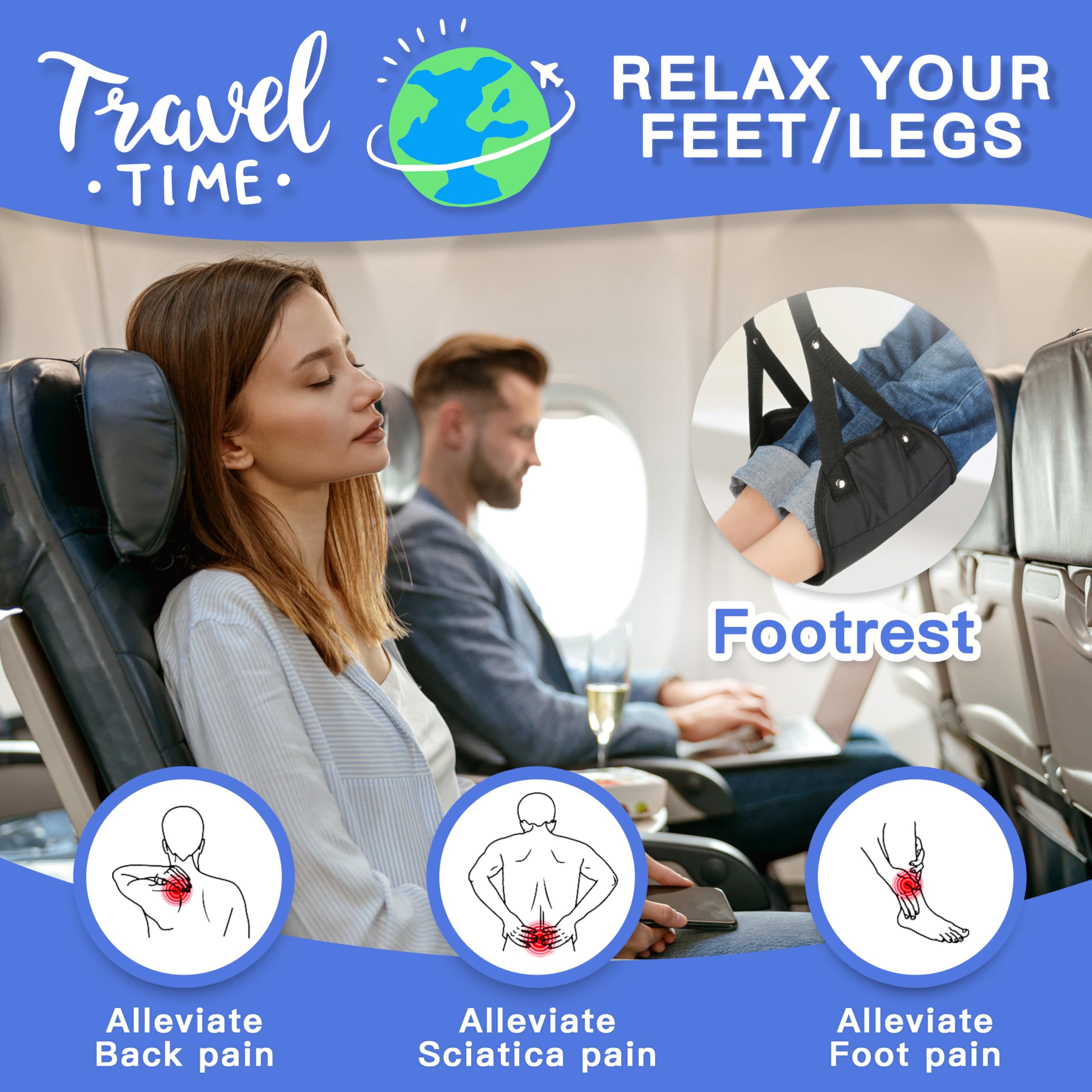 Airplane Footrest Travel Foot Hammock Adjustable Leg Support with Memory Foam Comfort, Foldable Portable Flight Foot Sling for Long Trips – Black