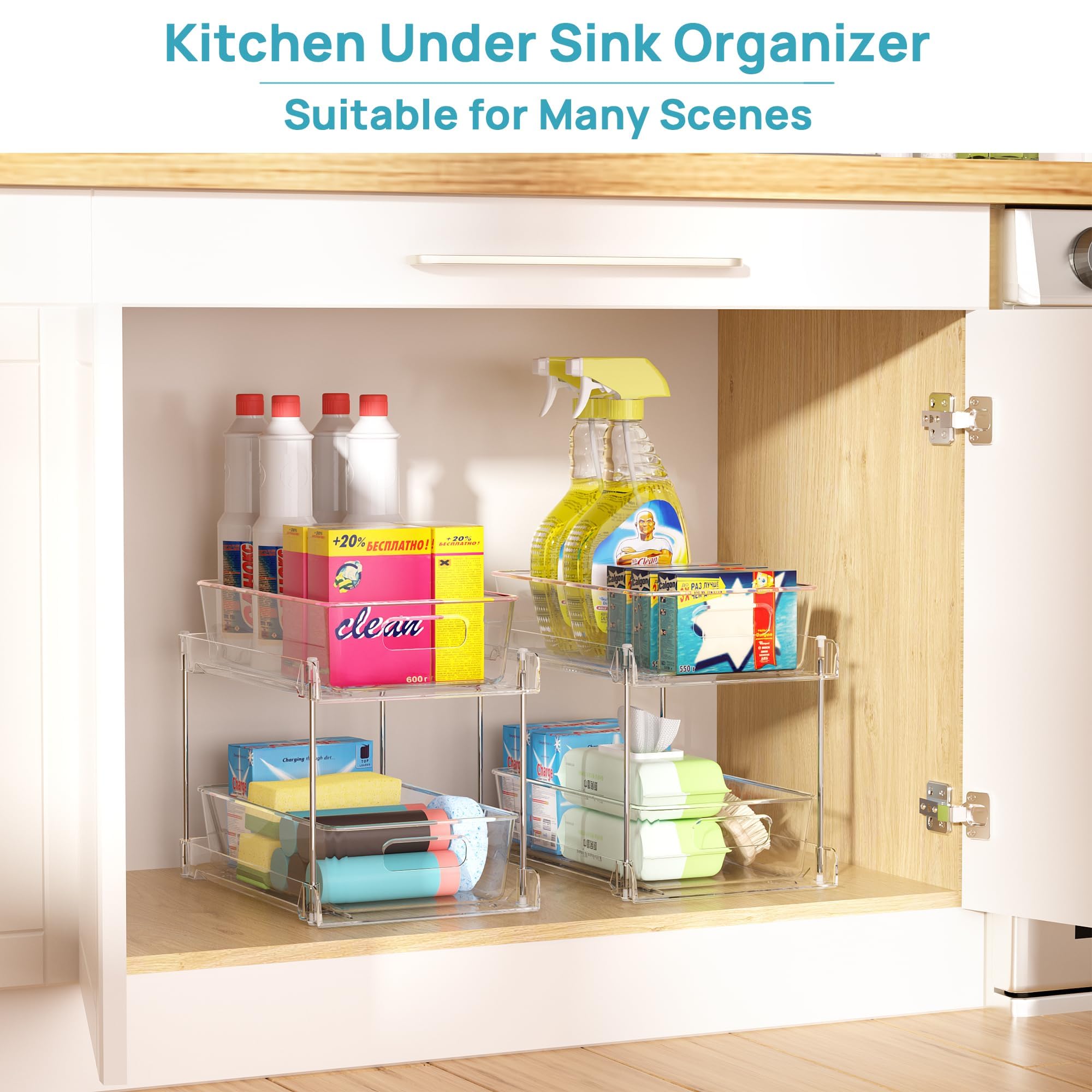 2-Tier Under Sink Organizer with Slide-Out Drawers – Clear Bathroom & Kitchen Storage Rack with Handles