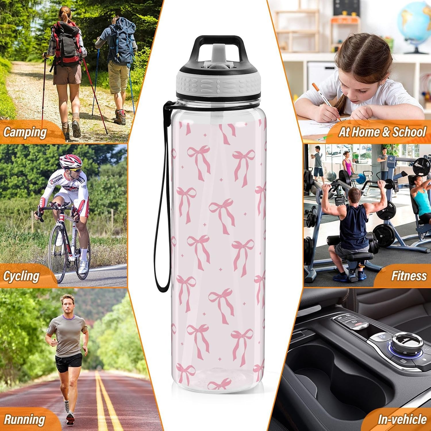 32 oz Clear Bow Tritan Water Bottle with Straw and Carry Strap