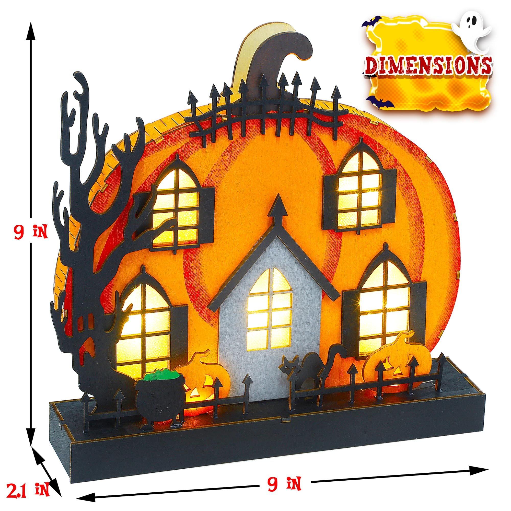 Lulu Home Light-Up Wooden Pumpkin House 🎃 Halloween Tabletop Décor with Ghosts, Cat & Witch Pot