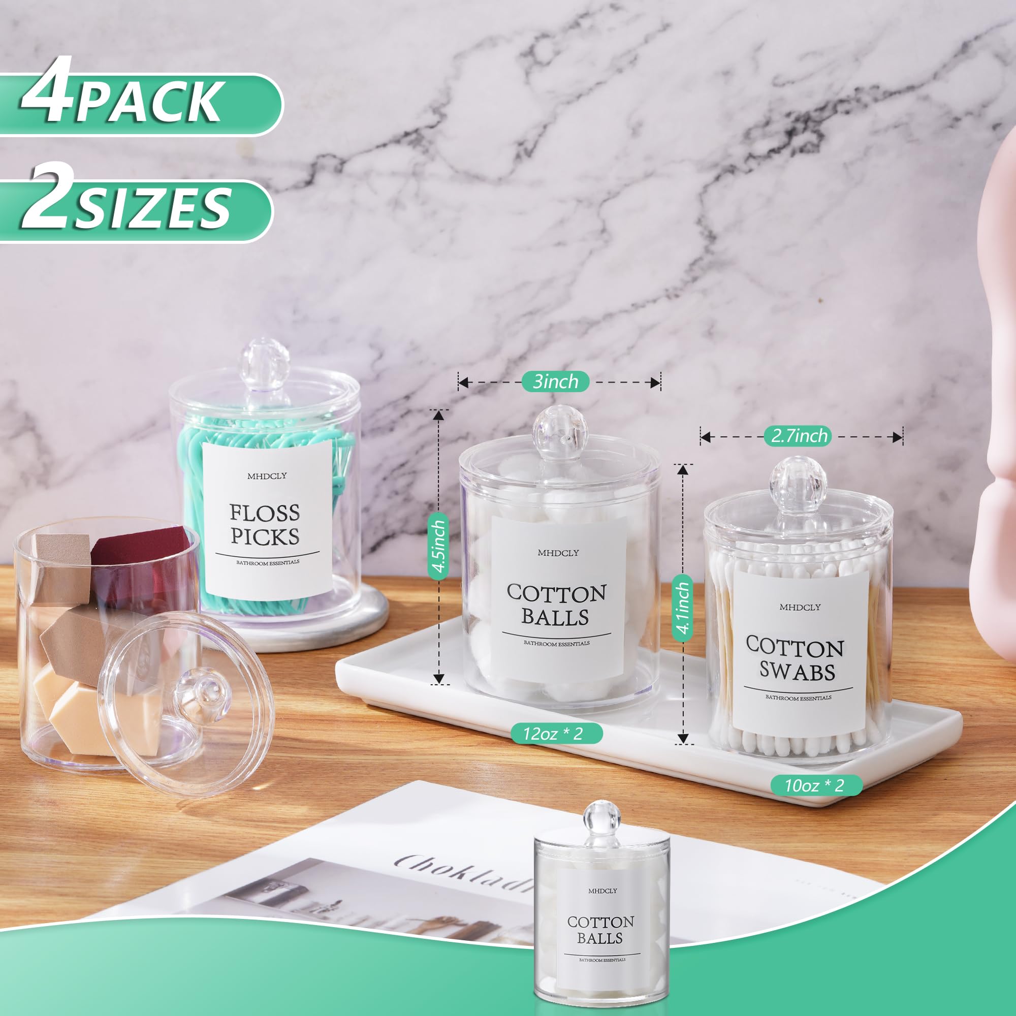 Clear Bathroom Organizer Canisters with Plastic Lids (4-Pack) – Qtip, Cotton & Vanity Storage Set with Labels
