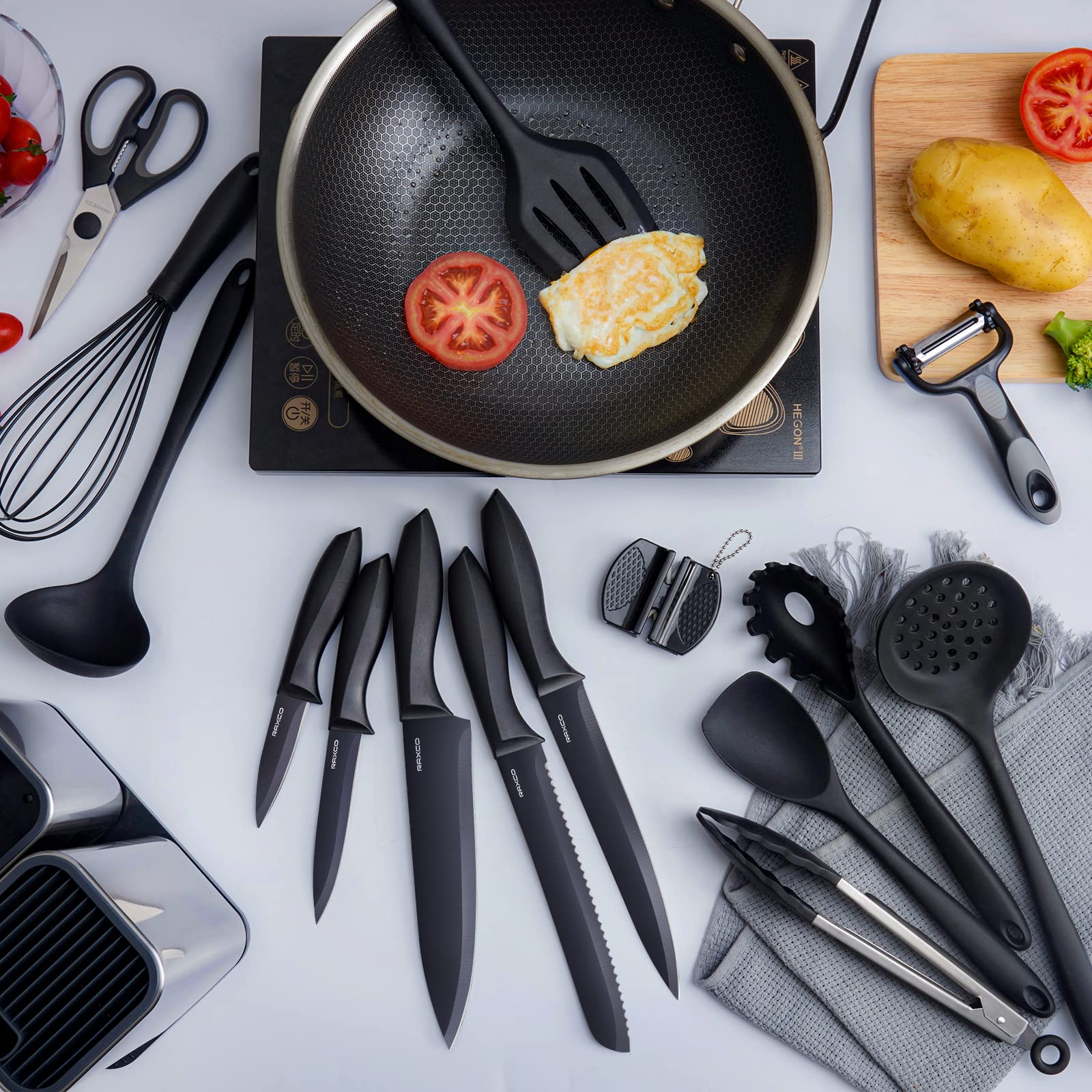 Complete Black Kitchen Utensil Set with Knives, Cutting Board & Silicone Tools – All-in-One Cooking Kit