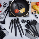 Complete Black Kitchen Utensil Set with Knives, Cutting Board & Silicone Tools – All-in-One Cooking Kit