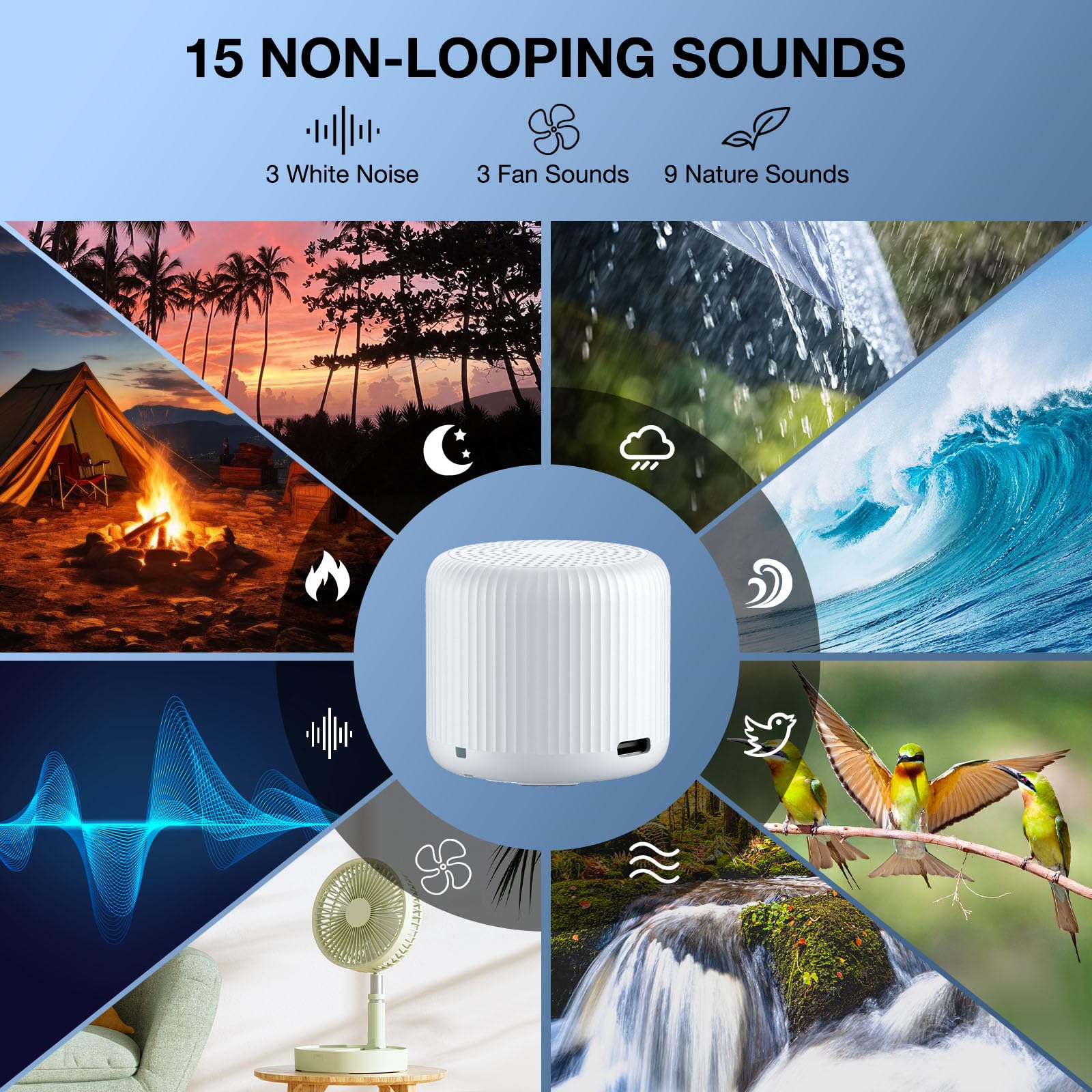 Ultra Mini White Noise Machine Portable Sleep Sound Soother with 15 Natural Sounds, 32 Volume Levels & USB-C Rechargeable Battery – Travel Pocket Size White