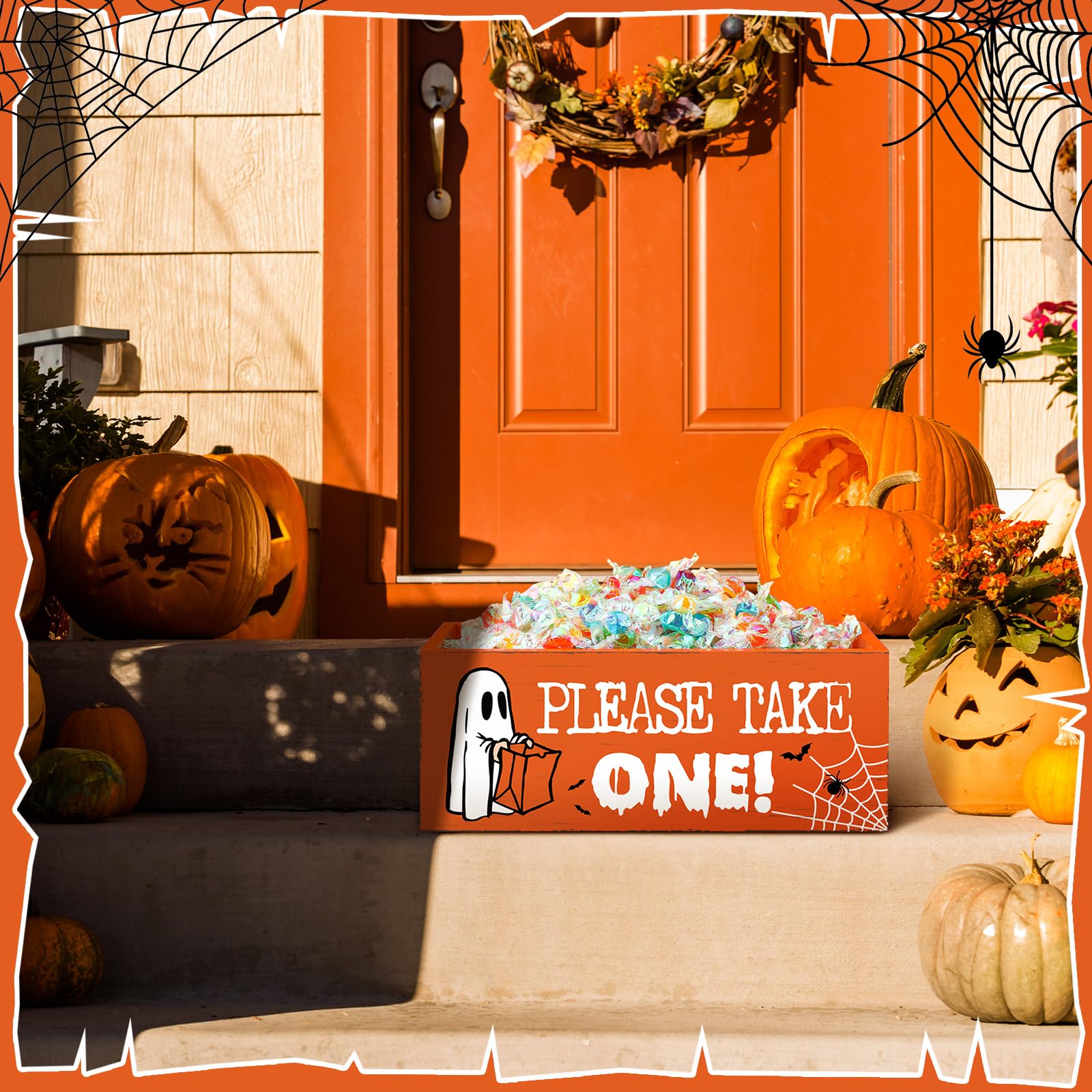 Wooden “Please Take One” Halloween Candy Bowl – Orange Rustic Trick or Treat Box