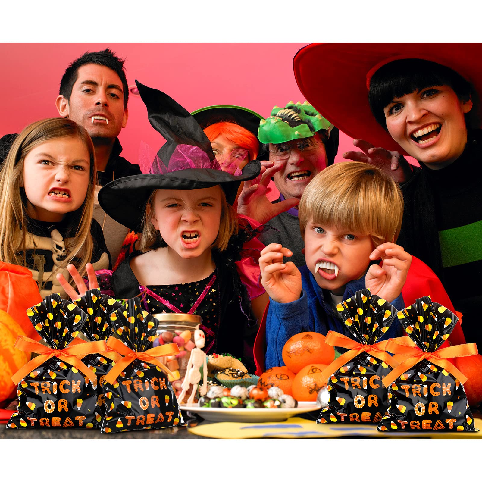 🎁 100 Pack Candy Corn Cello Bags with Ribbon – Halloween & Holiday Treat Bags (9x6 Inches, Includes 22-Yard Ribbon Roll)