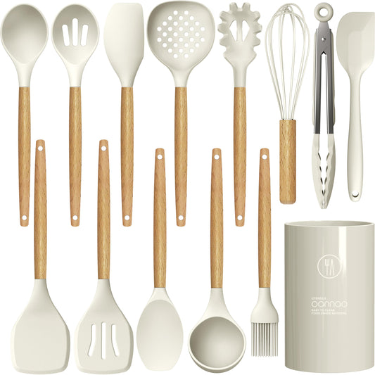 Silicone Kitchen Utensils Set with Wooden Handles – BPA-Free, Heat Resistant Cooking Tools