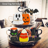 Halloween Wooden Tiered Tray Decor Set – 6PCS Rustic Signs (Pumpkin, Ghost, Cat, Bat, Witch Hat & Candy Corn)