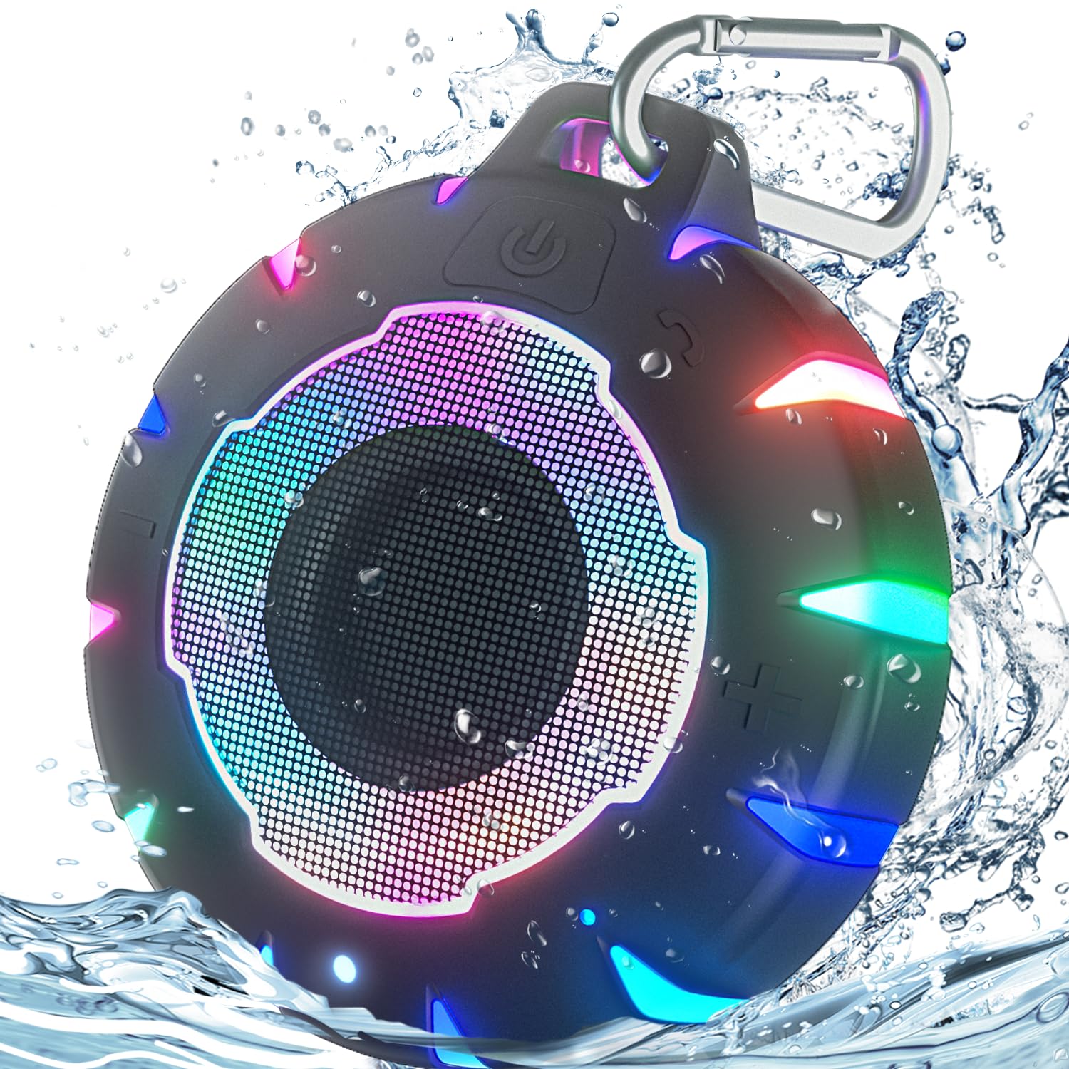 IPX7 Waterproof Bluetooth Speaker with LED Lights – Portable Shower & Outdoor Wireless Speaker with Carabiner for Beach, Camping & Travel