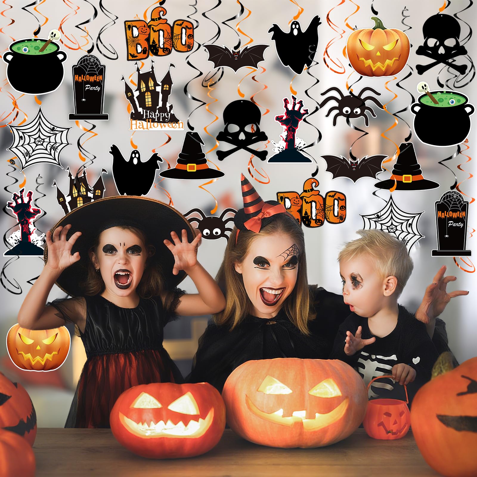 Halloween Hanging Swirl Decorations – 60PCS Ceiling Foil & Card Set with Ghosts, Bats, Pumpkins & Spiders