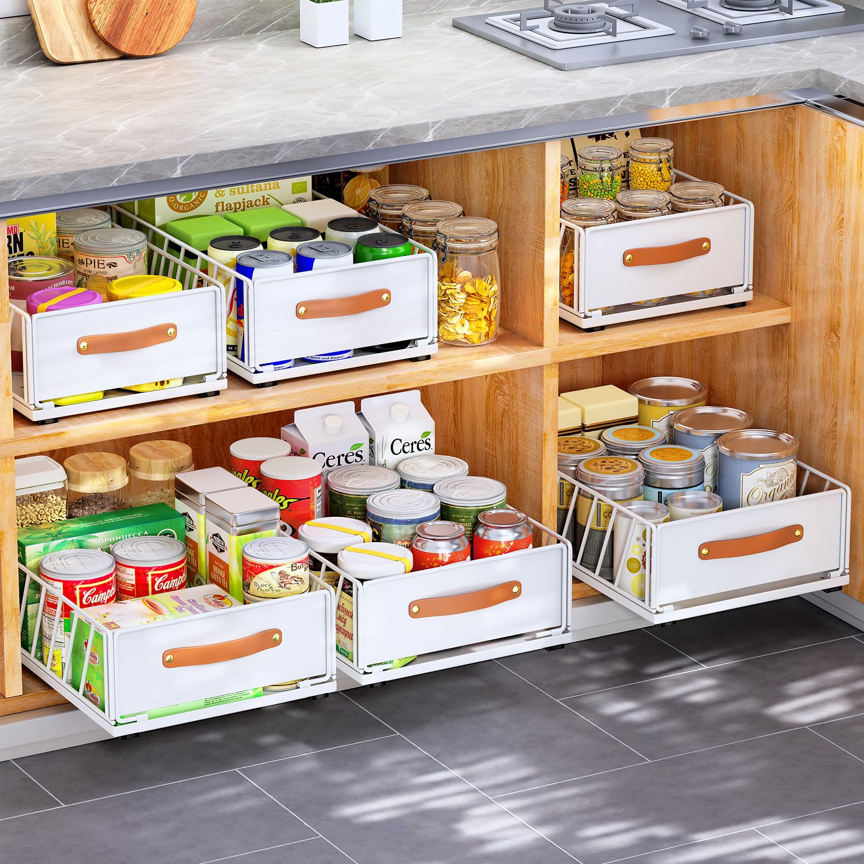 No-Drill Pull-Out Cabinet Organizer – Frameless Cabinets Only, Silent Full-Extension Drawer with Leather Handle (White)