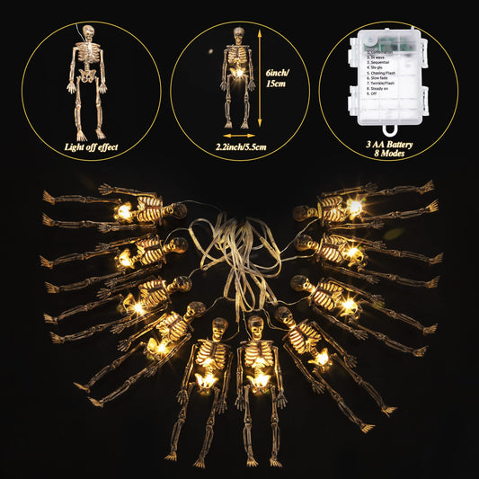 Halloween Skull String Lights – 2M Warm White LED, 20 Lights with 10 Skeletons, 8 Modes, Battery Powered Indoor/Outdoor Décor